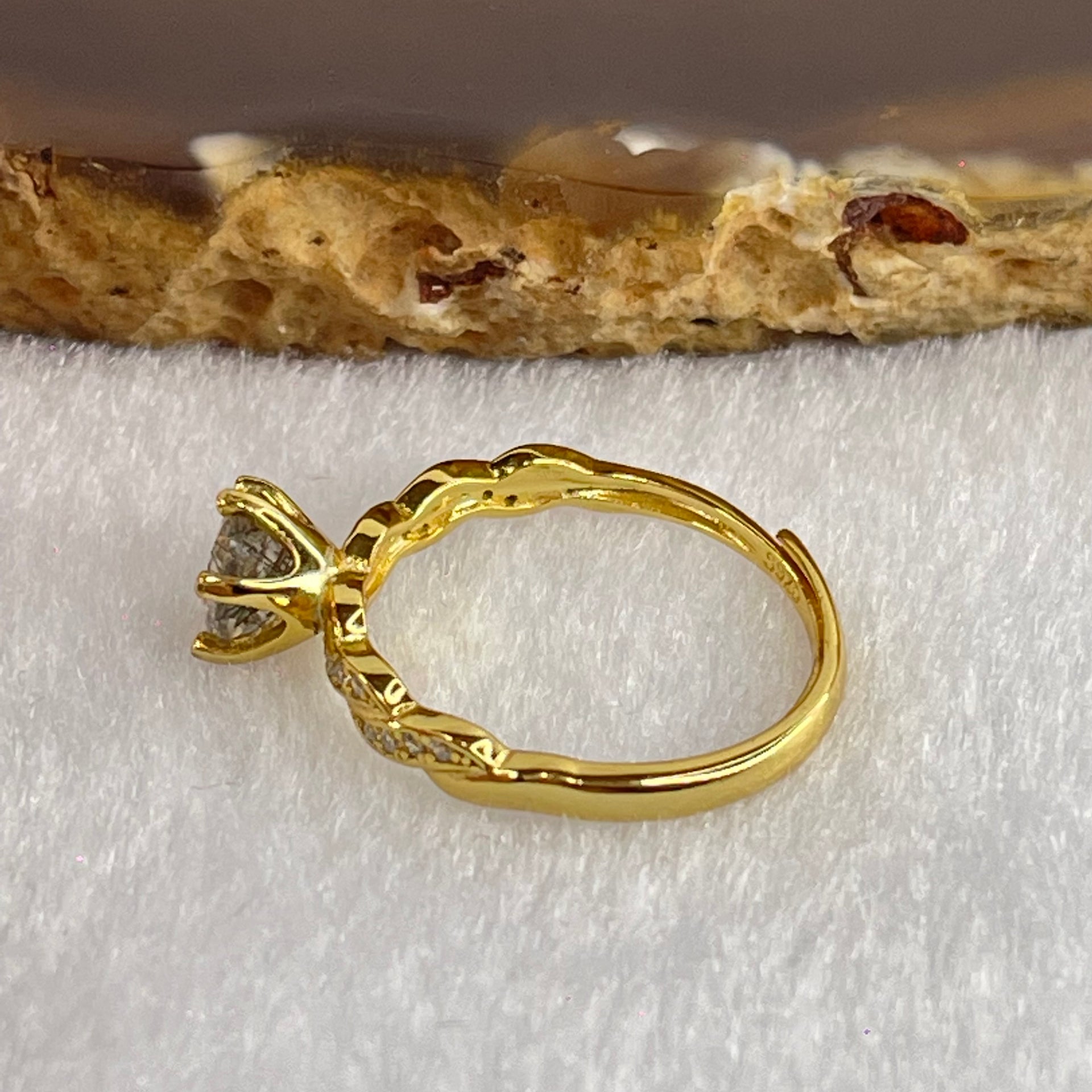 Natural Quartz with Black Tourmaline and Cubic Zirconia in S925 Sliver Gold Color Ring (Adjustable Size) 1.63g 5.7 by 3.8mm - Huangs Jadeite and Jewelry Pte Ltd