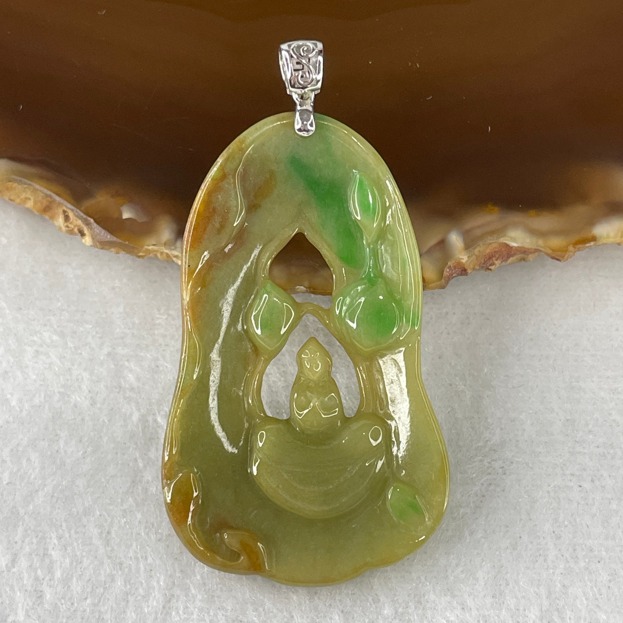 Certified Natural Type A Multi-Color Yellowish, Green & Brownish Jadeite Gui Ren Pendant | Premium S925 Sterling Silver Clasp | Authentic Myanmar Feicui Noble Benefactor, Success & Protection Amulet (9.64g | 48.5x29.7x4.3mm)