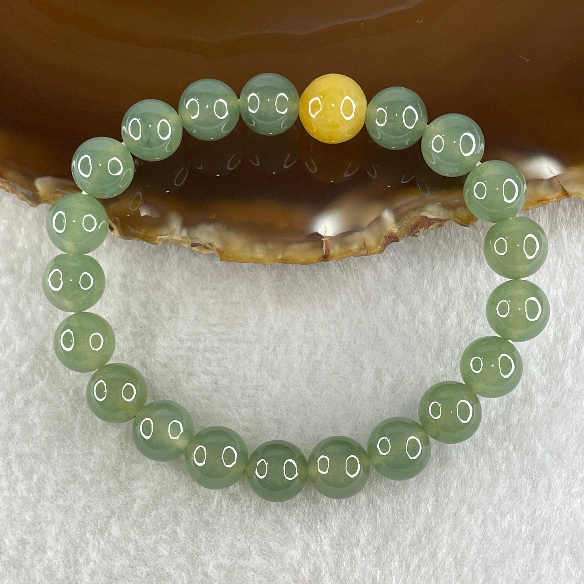 Tye A Natural Jelly Semi Icy Green with Yellow Jadeite Beads Bracelet 24.58g 15cm 88.8mm 20 Beads 9.8mm-yellow bead - Huangs Jadeite and Jewelry Pte Ltd