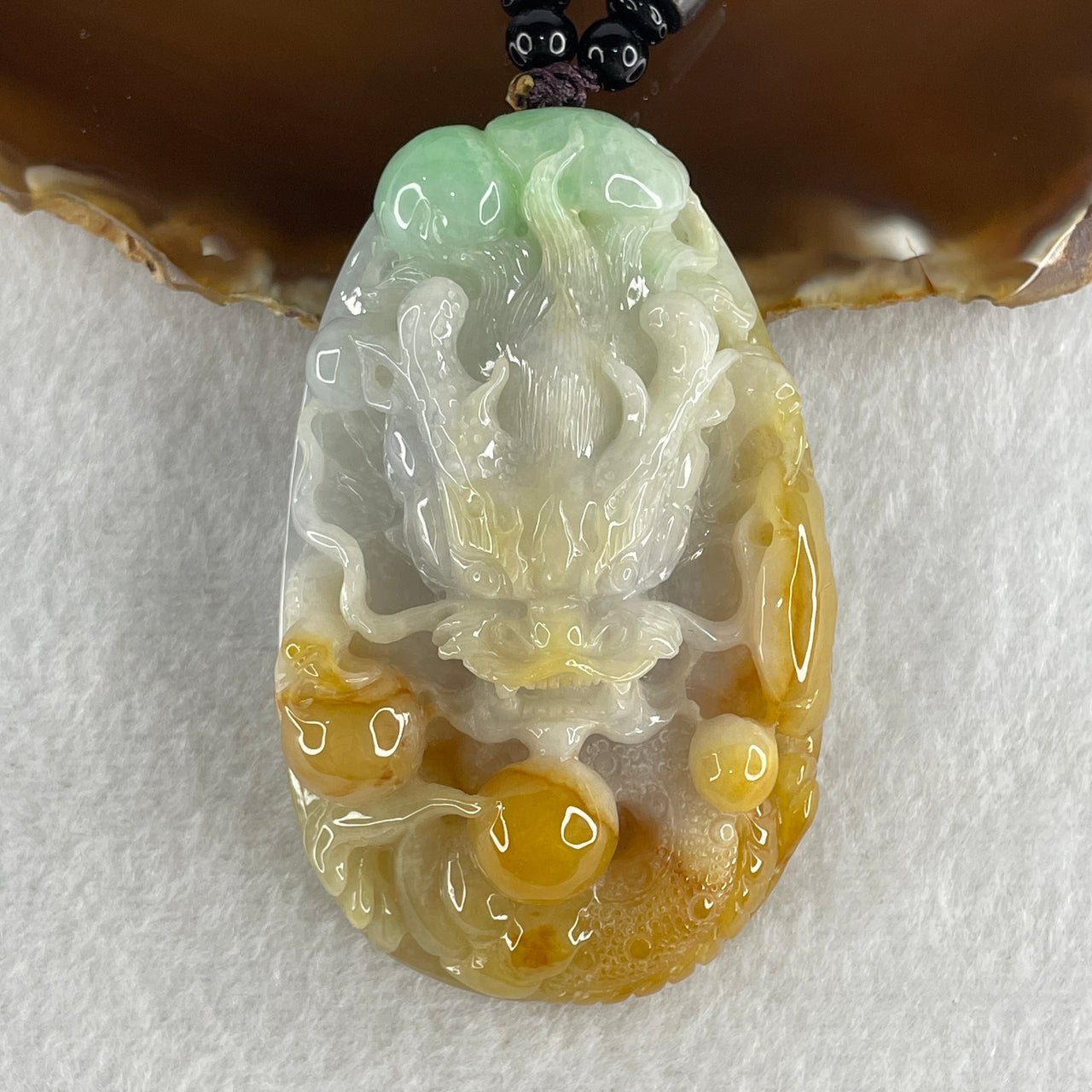 Natural Type A Yellow with Light Lavender and Light Green Jadeite Dragon and Ruyi Pendant 117.74g 72.6 by 45.6 by 19.8mm