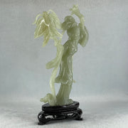 Natural Green Serpentine Fairy with Butterfly with Wooden Stand Display 336.9g 132.0 by 201.0 by 68.0mm - Huangs Jadeite and Jewelry Pte Ltd