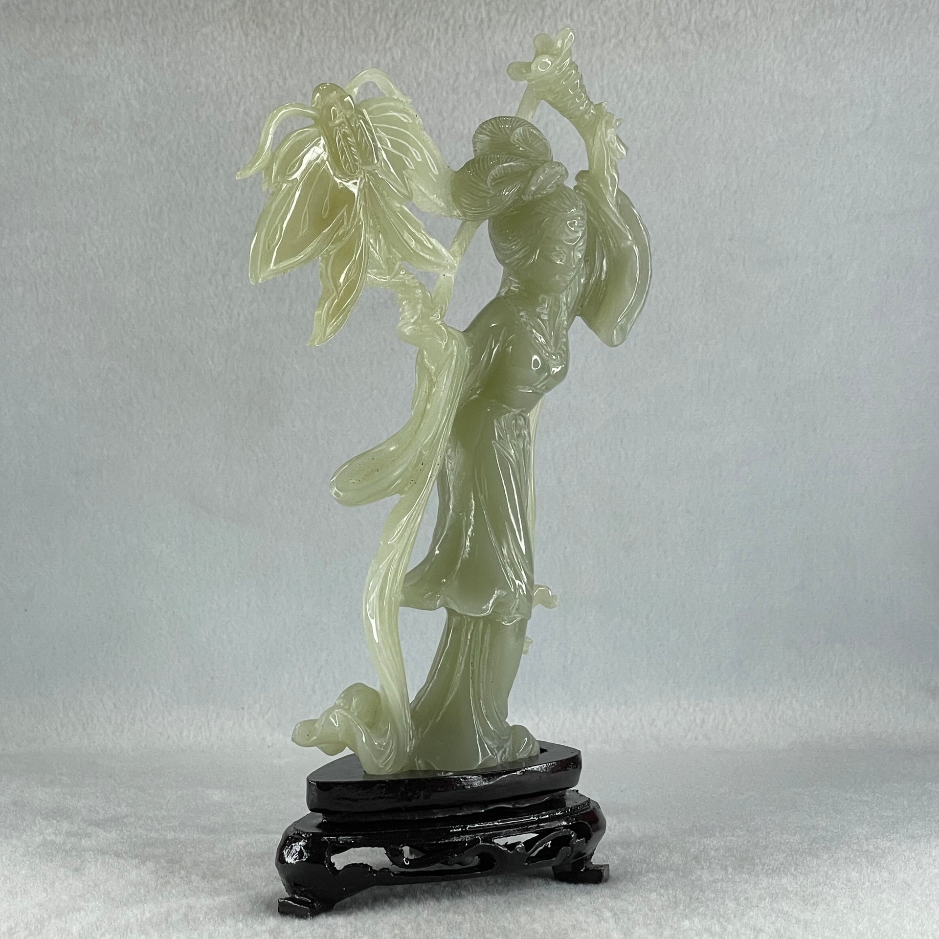 Natural Green Serpentine Fairy with Butterfly with Wooden Stand Display 336.9g 132.0 by 201.0 by 68.0mm - Huangs Jadeite and Jewelry Pte Ltd