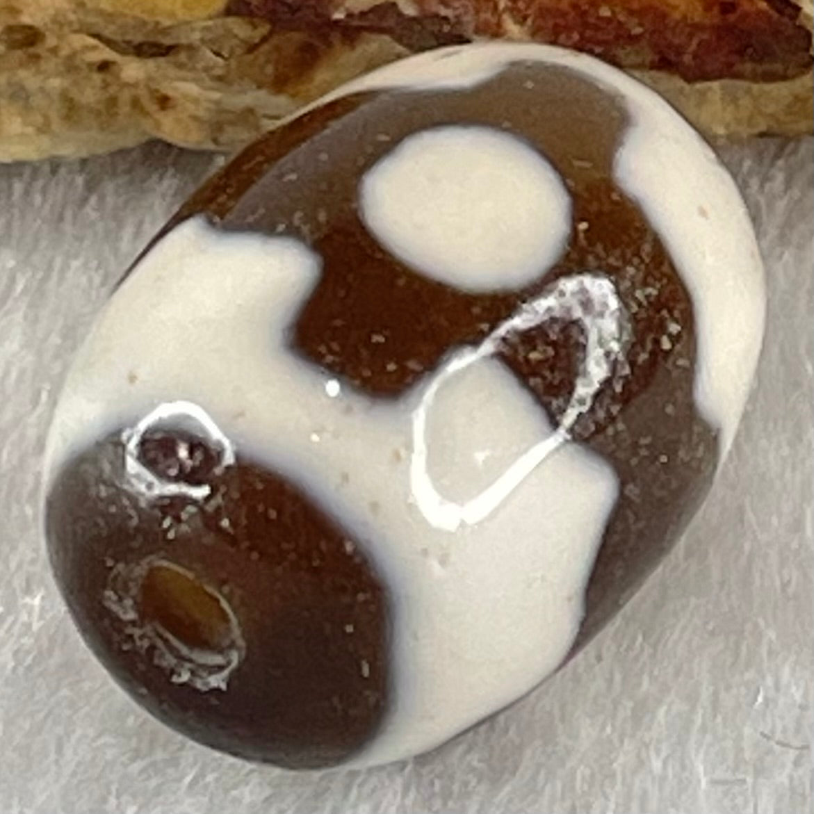 Natural Powerful Tibetan Old Oily Dark Brown With White Agate 3 Eyes Dzi Bead Heavenly Master (Tian Zhu) 三眼天诛 4.25g 17.1 by 12.9mm - Huangs Jadeite and Jewelry Pte Ltd