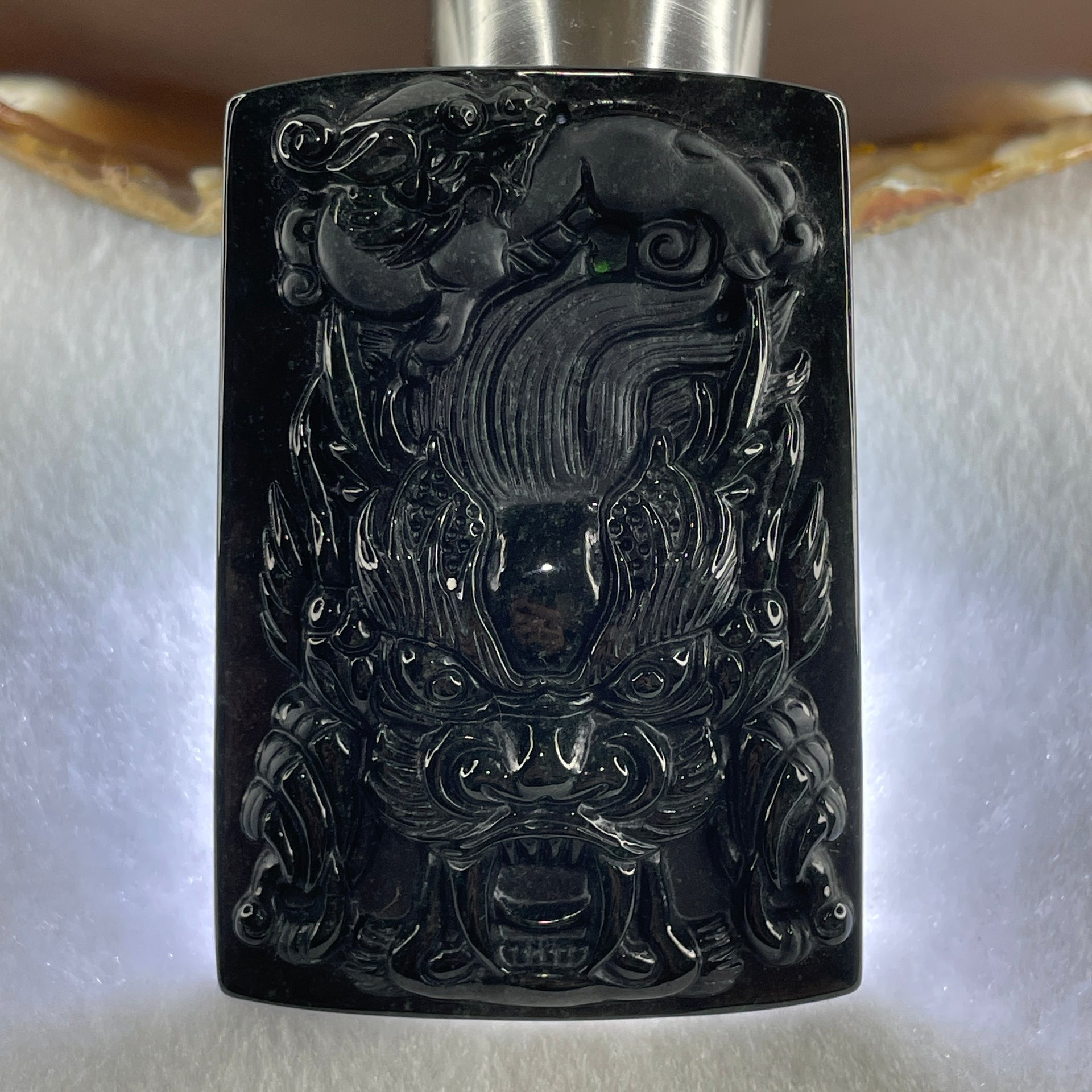 Type A Opaque to Partial Translucent Black Omphacite Jadeite Dragon with pixiu Pendant 45.42g 66.0 by 45.5 by 9.2mm - Huangs Jadeite and Jewelry Pte Ltd