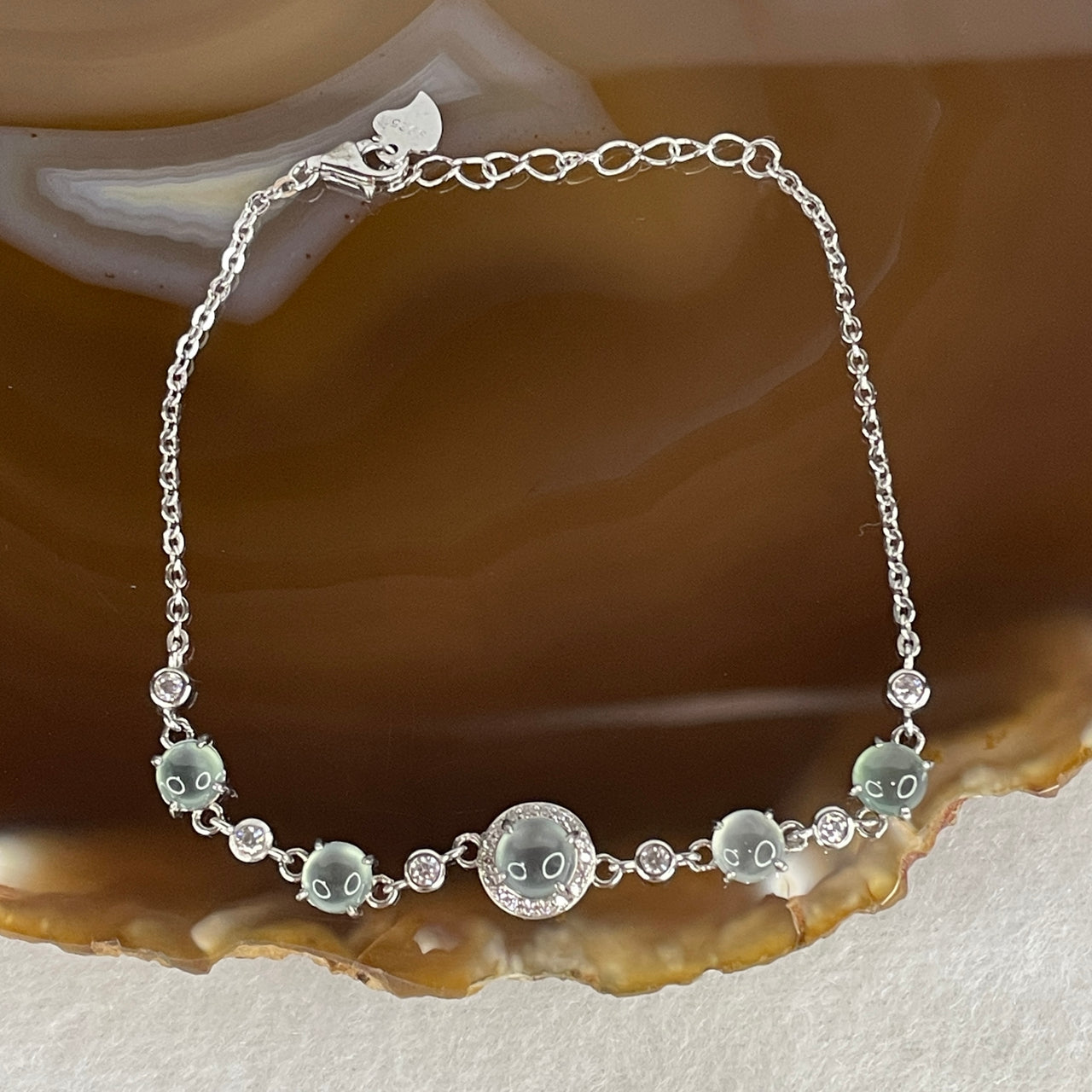 Certified Natural Type A Icy Blueish Green Jadeite Cabochon Cluster Bracelet | S925 Sterling Silver Setting | (4 Pcs 5.0x2.0mm | 1 Pcs 5.9x2.5mm | 14-17cm 4.34g )