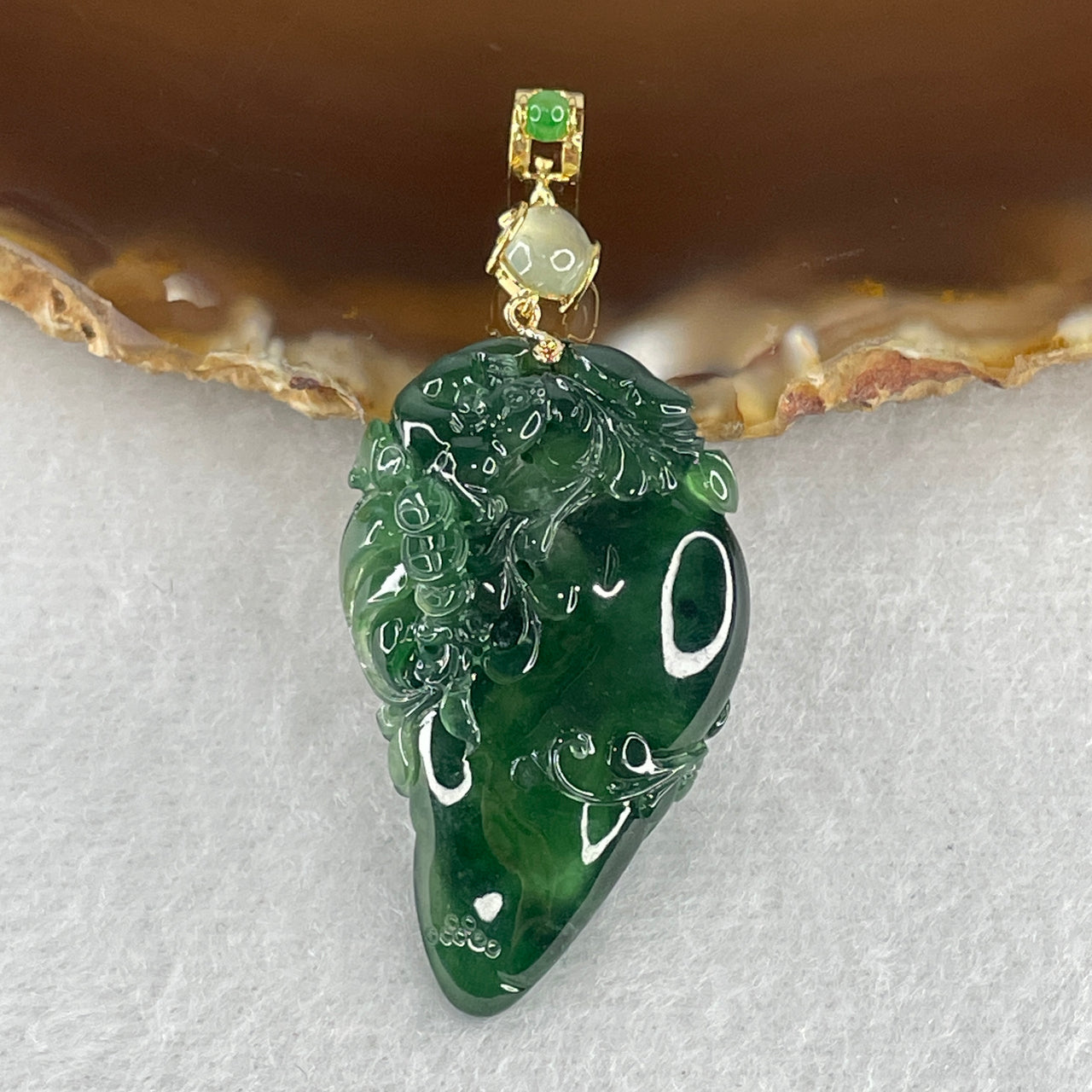 Natural Type A Semi Icy Spicy Green Jadeite Rat with Coins and Ruyi on Mango with Icy White Jadeite Bead in 18K Yellow Gold Clasp Pendant 9.46g 37.2 by 22.2 by 8.9mm