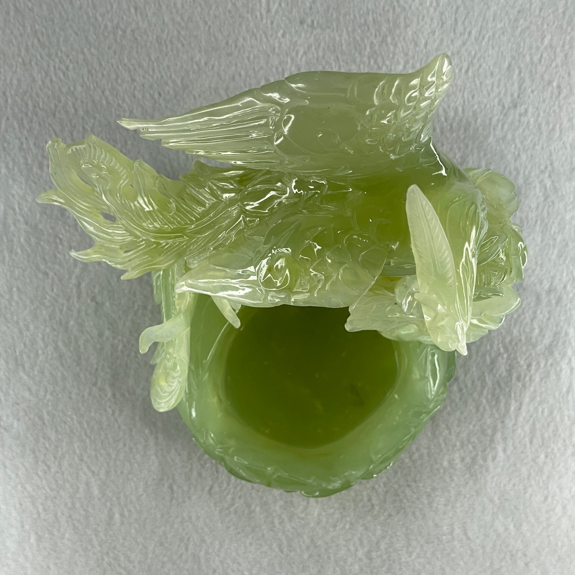 Natural Semi Icy Green Serpentine Phoenix on Pond and Flower Display 1,488.3g 175.0 by 230.0 by 129.0mm - Huangs Jadeite and Jewelry Pte Ltd