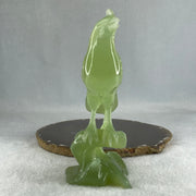 Natural Green Serpentine Bird on Plant with Wooden Stand Display 412.0g 135.0 by 96.0 by 190.0mm - Huangs Jadeite and Jewelry Pte Ltd