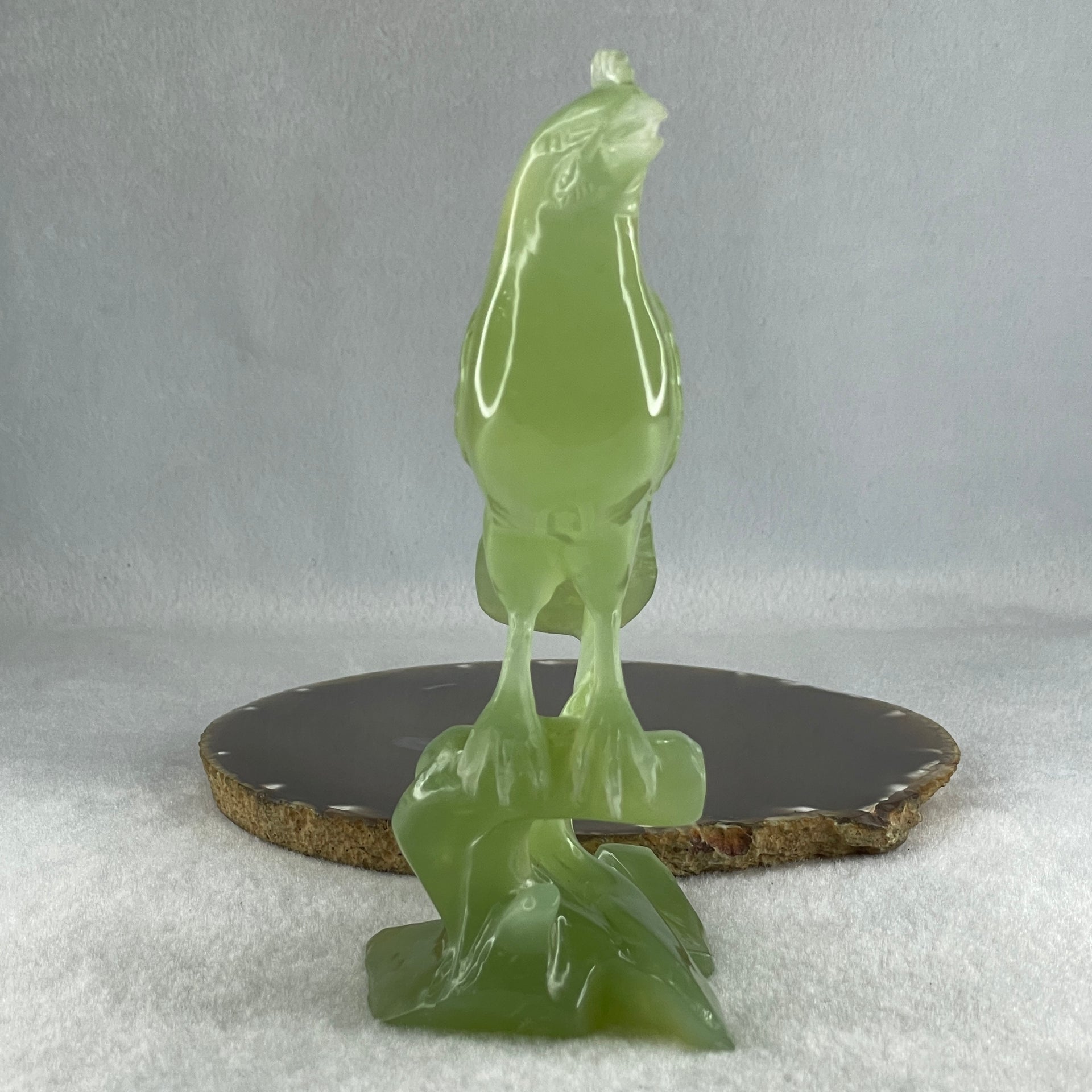 Natural Green Serpentine Bird on Plant with Wooden Stand Display 412.0g 135.0 by 96.0 by 190.0mm - Huangs Jadeite and Jewelry Pte Ltd