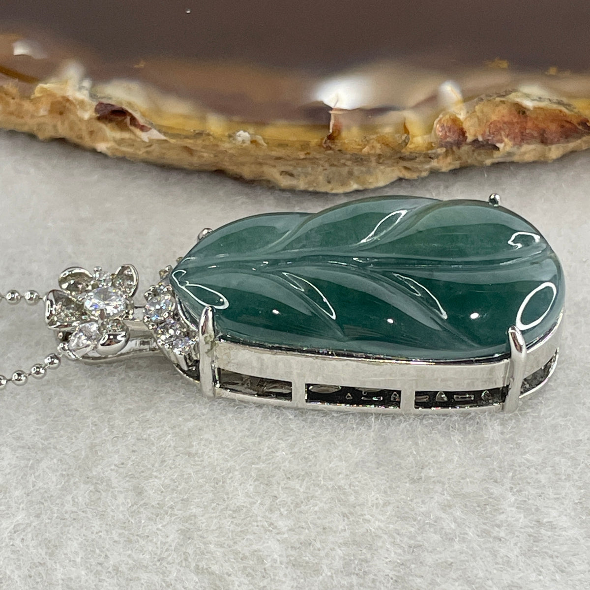 Natural Type A Blueish Green Jadeite Leaf Necklace in S925 Silver | (9.64g | 44cm S925 | 29.8 x 16.5 x 3.5mm | Career Success & Growth Anchor, Feng Shui Prosperity & Executive Charm Necklace) - Huangs Jadeite and Jewelry Pte Ltd