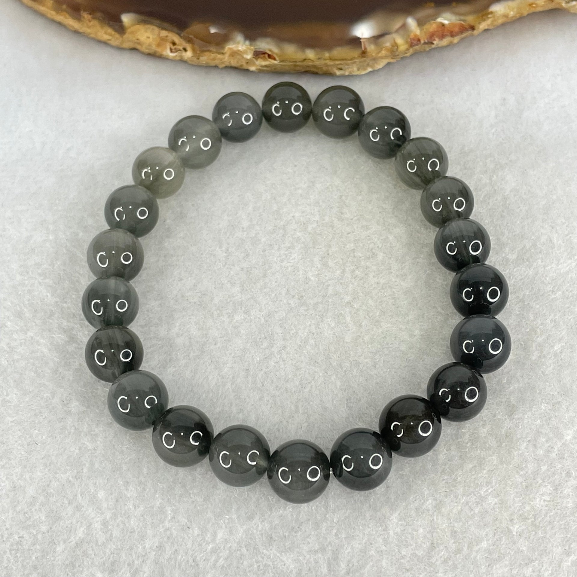 Good Grade Natural  Grey Rabbit Hair Rutilated Quartz Beads Bracelet 23.51g 16.5cm 9.4mm 22 Beads - Huangs Jadeite and Jewelry Pte Ltd