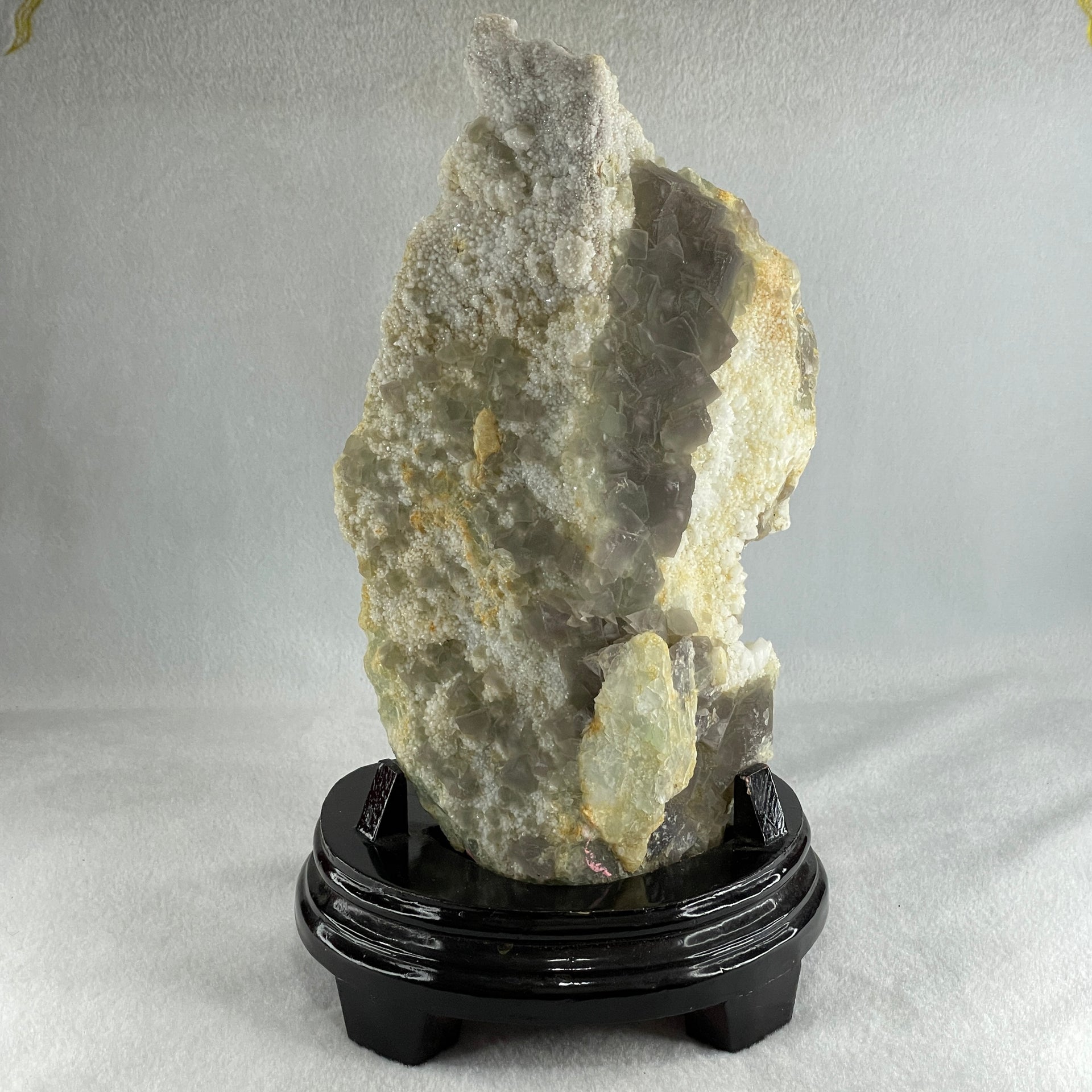 Natural Green Fluorite with White Quartz Rough with Wooden Stand Display 3,402.1g 165.0 by 136.0 by 285.0g - Huangs Jadeite and Jewelry Pte Ltd