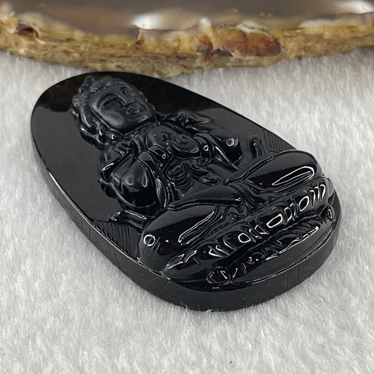 Type A Opaque to Partial Translucent Black Omphacite Jadeite Da ri ru lai 大日如來 Vairocana Buddha Pendant Goat and Monkey Zodiac Guardian 17.20g 53.0 by 32.9 by 9.6mm - Huangs Jadeite and Jewelry Pte Ltd