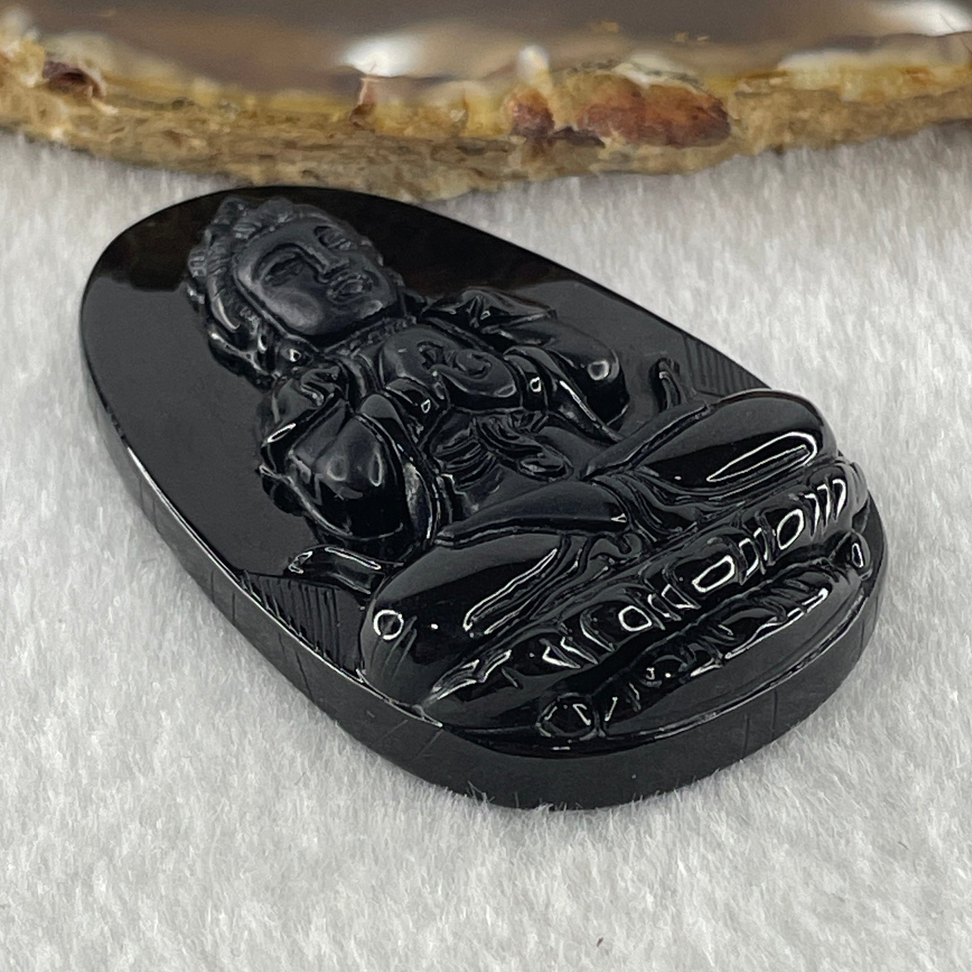Type A Opaque to Partial Translucent Black Omphacite Jadeite Da ri ru lai 大日如來 Vairocana Buddha Pendant Goat and Monkey Zodiac Guardian 17.20g 53.0 by 32.9 by 9.6mm - Huangs Jadeite and Jewelry Pte Ltd