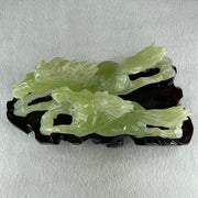 Natural Green Serpentine Double Horse with Wooden Stand Display 971.8g 220.0 by 104.5 by 115.0mm - Huangs Jadeite and Jewelry Pte Ltd