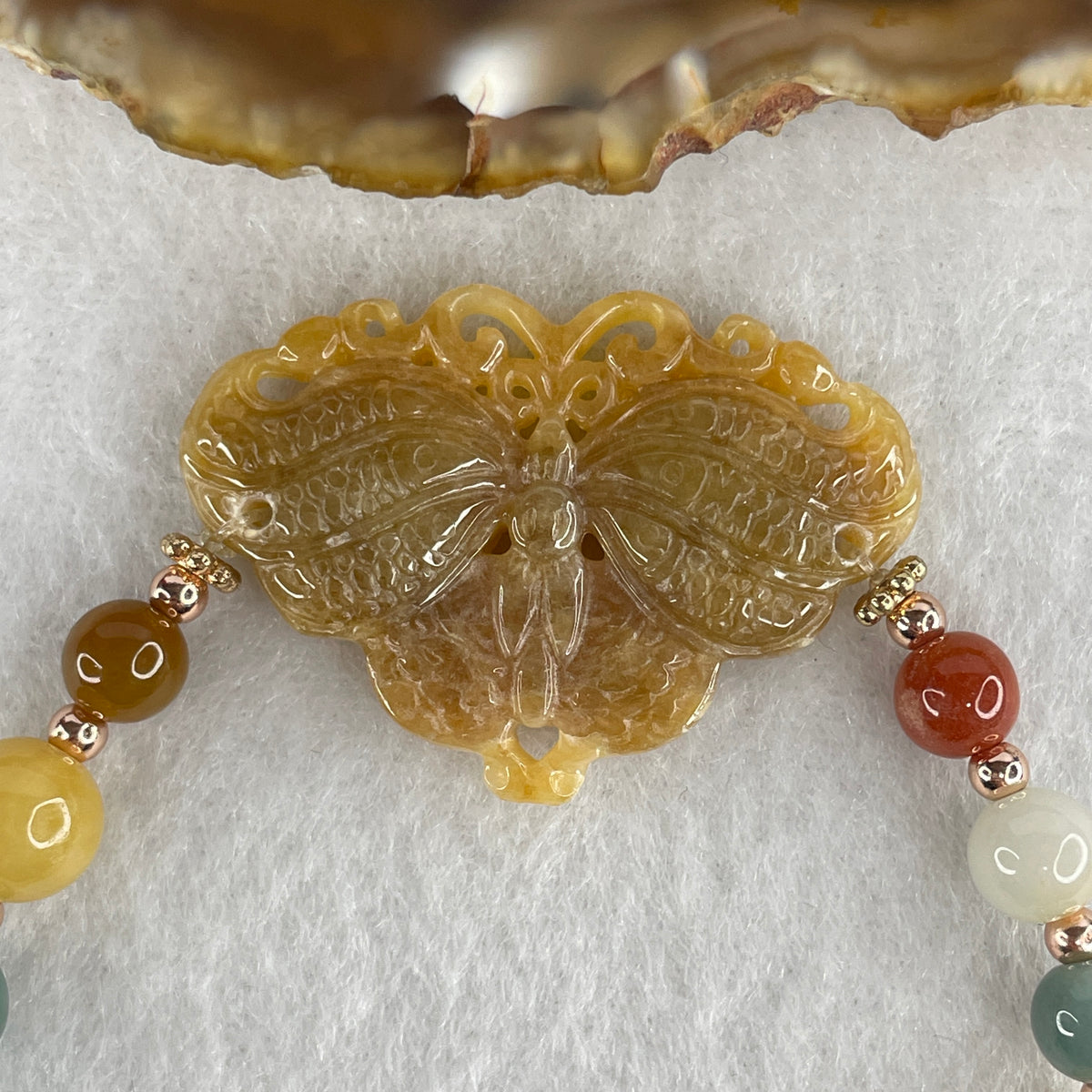 Natural Type A Multi-Color Jadeite Butterfly with Lotus & Lulutong Beads Bracelet | 15cm (18.19g  | 35.8x25.3x5.4mm Butterfly - Lotus 15.1x16.5x5.7mm | Transformation, Purity & Unblocked Fortune)
