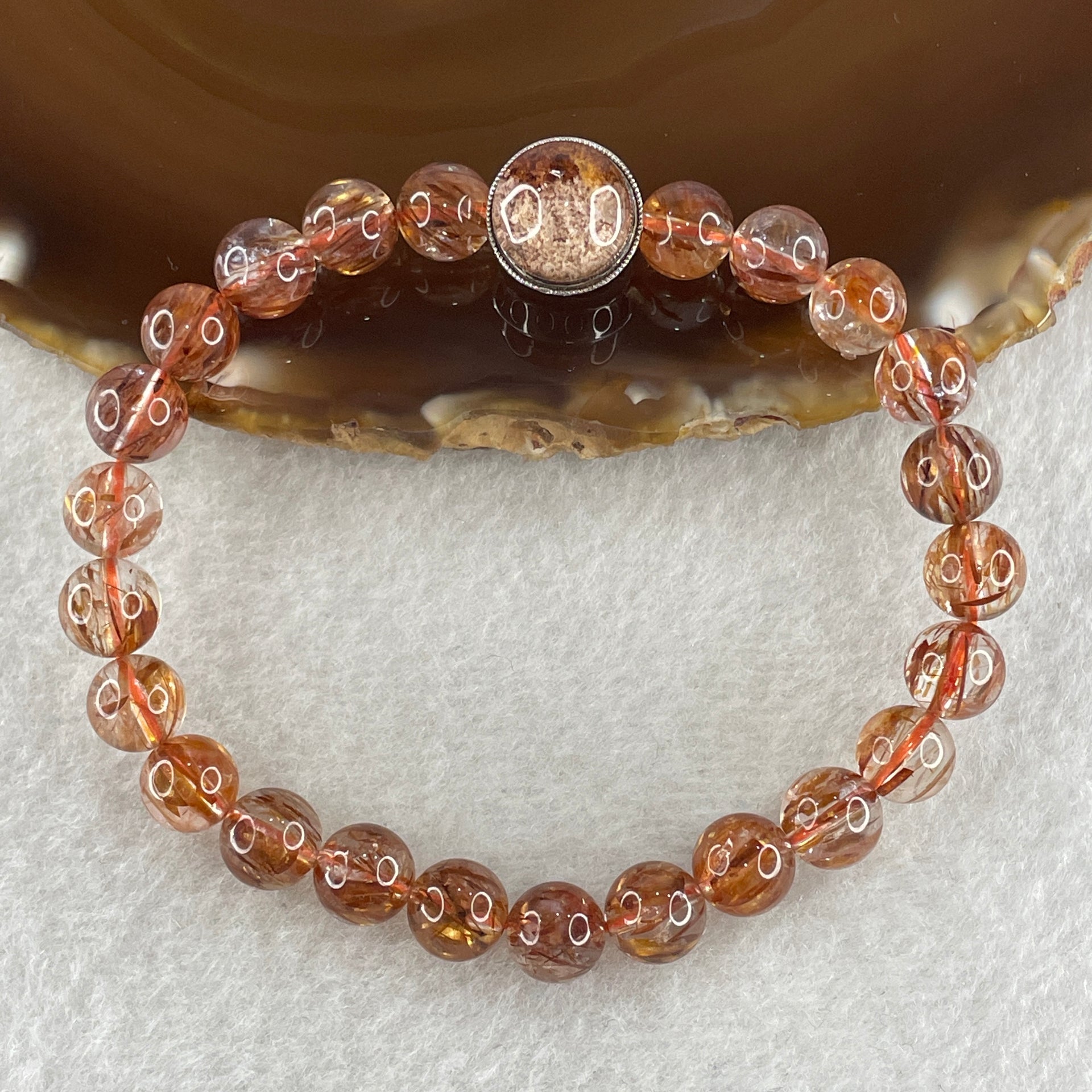 Natural Reddish Copper Rutilated Quartz Beads with Charm Bracelet 17.74g 7.8mm 24 Beads - 10.8 by 6.5mm 1 Charm - Huangs Jadeite and Jewelry Pte Ltd