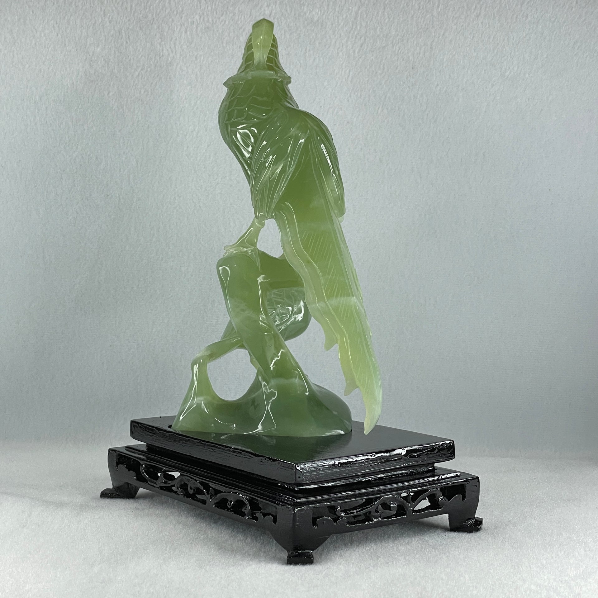 Natural Green Serpentine Phoenix with Bird with Wooden Stand Display 678.9g L155.0 by B105.0 by H226.0 mm - Huangs Jadeite and Jewelry Pte Ltd