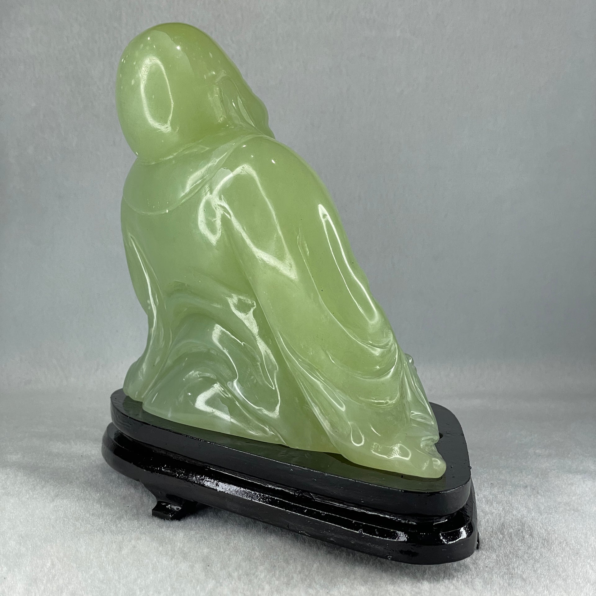 Natural Green Serpentine Siting Milo Buddha with Wealth Pot with Wooden Stand Display 1362.0g 165.0 by 110.0 by 150.0mm - Huangs Jadeite and Jewelry Pte Ltd