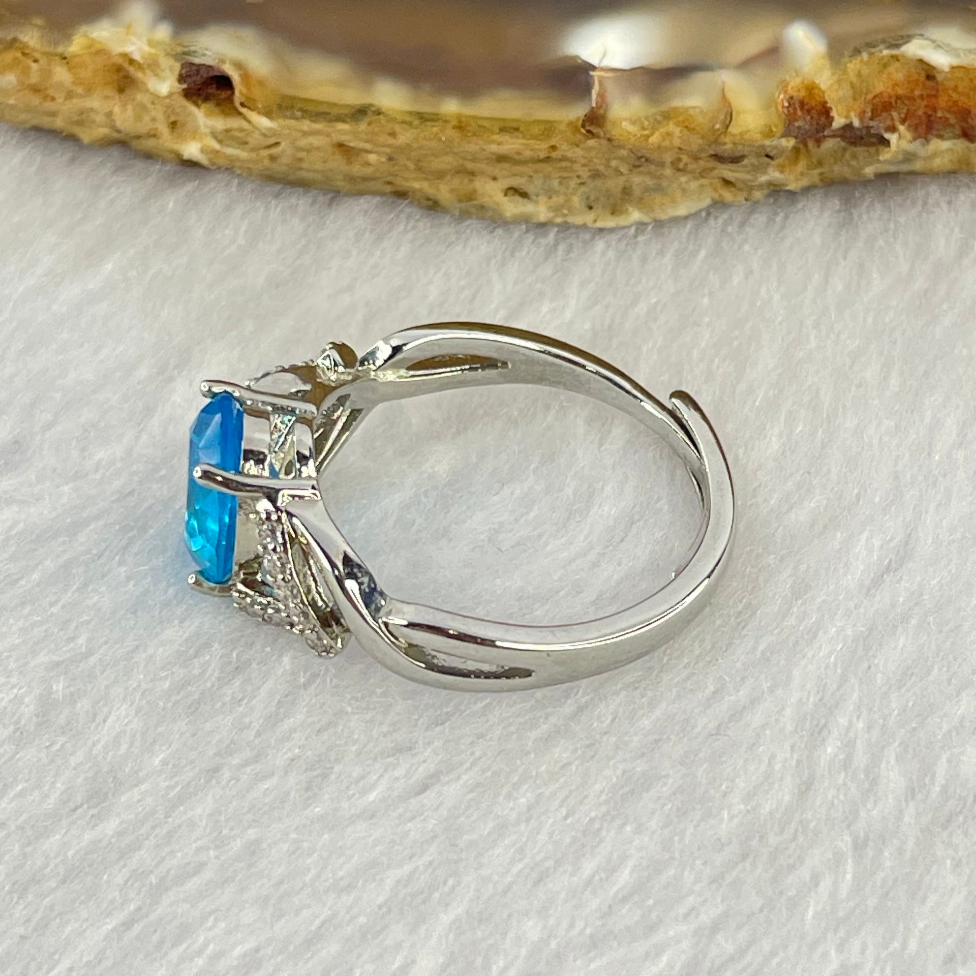 Blue Cubic Zirconia with Crystals in PT950 Plated Sliver Ring (Adjustable Size) 2.17g 8.4 by 6.8 by 4.5mm - Huangs Jadeite and Jewelry Pte Ltd