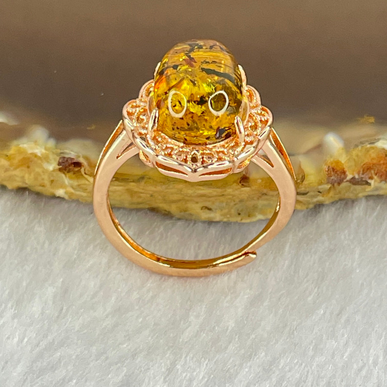 Natural Yellow Amber in S925 Rose Gold Color Ring 2.45g 13.0 by 8.7 by 6.0mm - Huangs Jadeite and Jewelry Pte Ltd