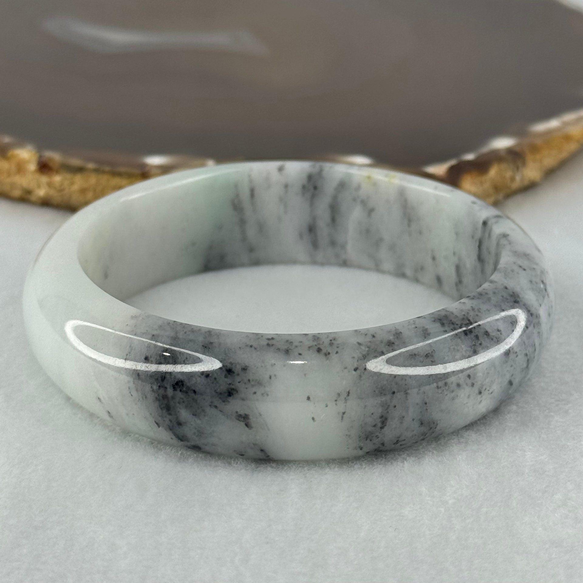 Type A Jadeite Faint Green Wuji Grey Piao Hua Bangle Internal Diameter 56.7mm 77.66g 16.7 by 8.8mm (Close to Perfect) - Huangs Jadeite and Jewelry Pte Ltd