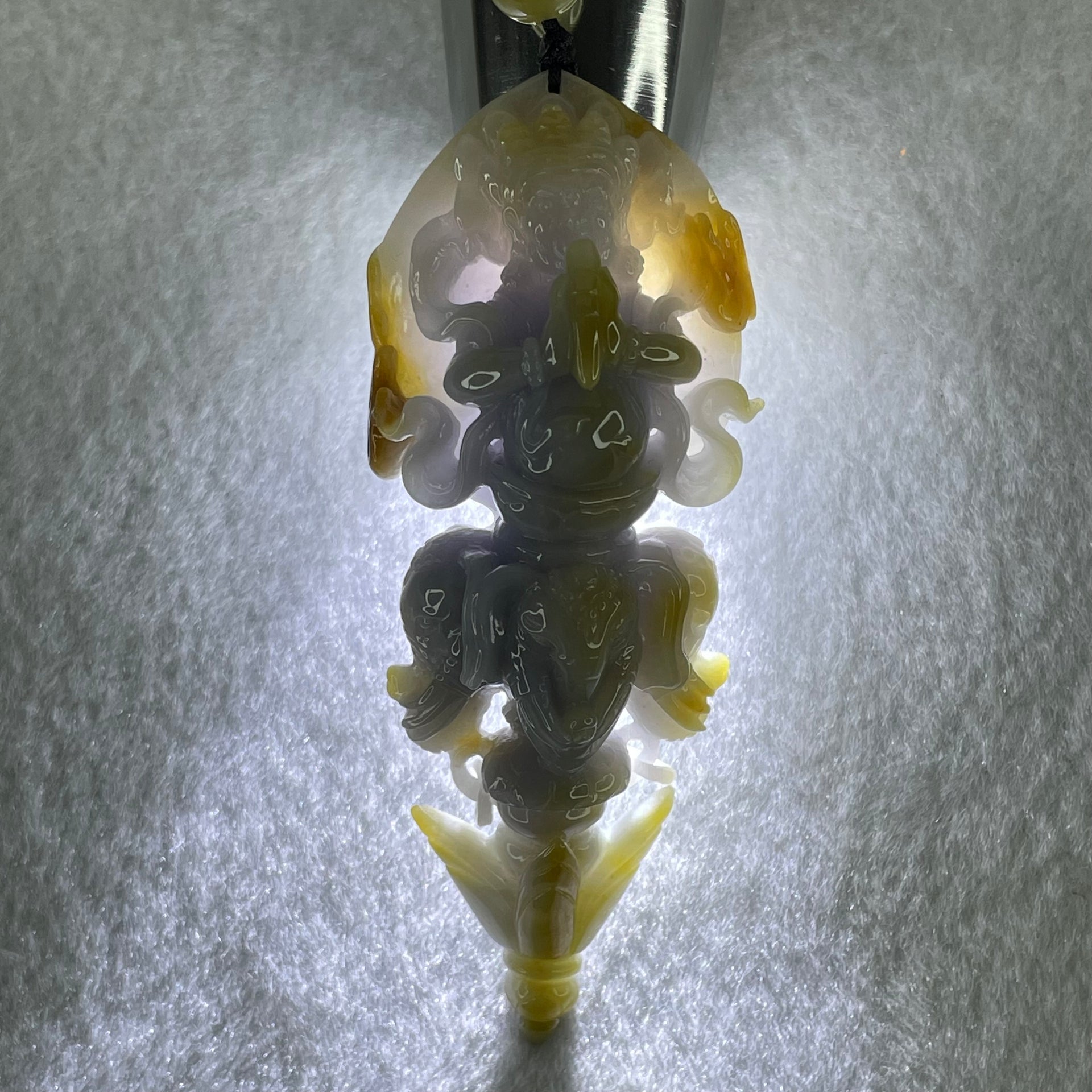 Type A Deep Lavender with Brownish Patches Jadeite Acala on 3 Elephants and Dagger Pendant Necklace 72.27g 89.6 by 34.0 by 20.3mm - Huangs Jadeite and Jewelry Pte Ltd