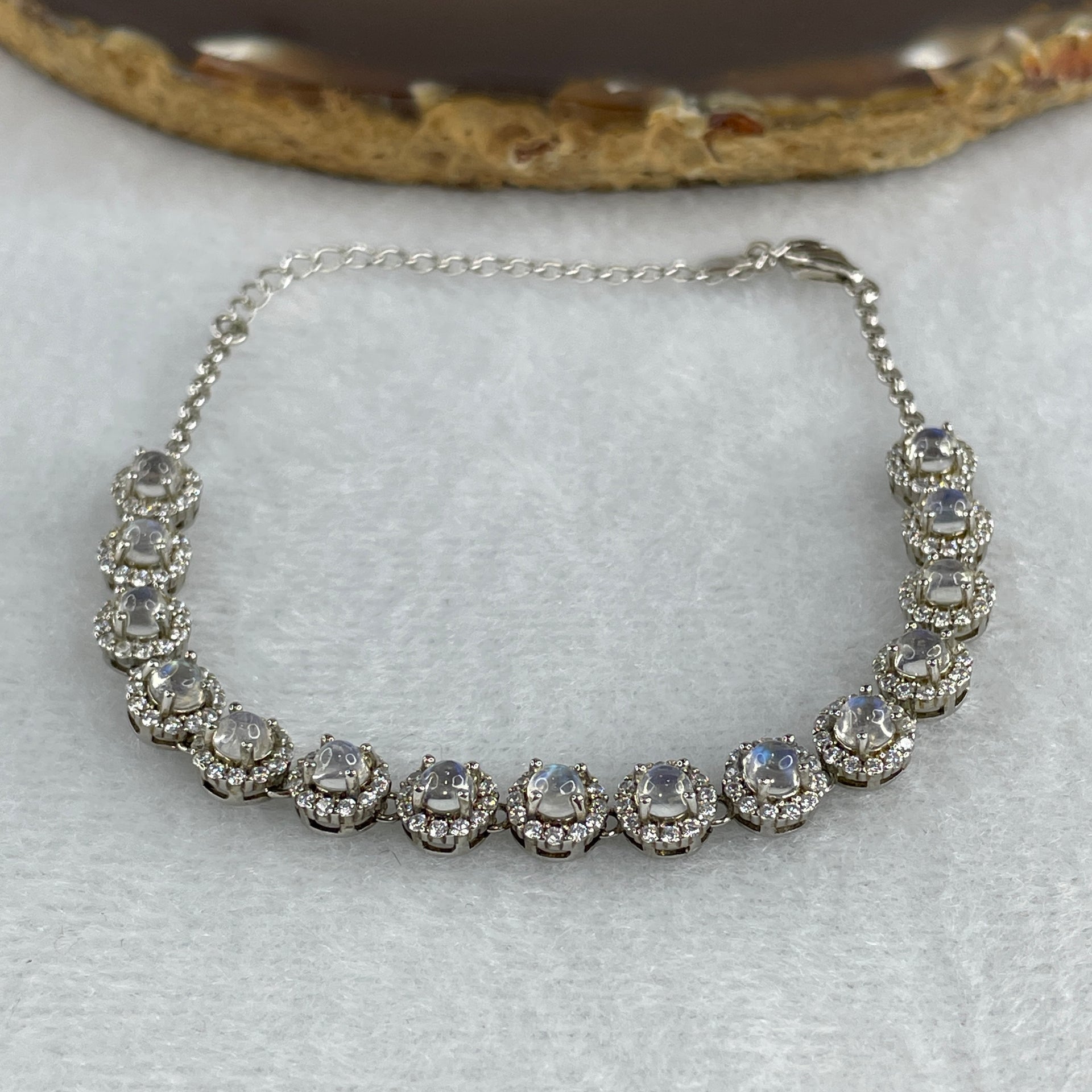 Natural Rainbow Moonstone Beads in S925 Sliver Bracelet 7.39g 13-17cm 3.0 by 2.5mm 15 Pcs - Huangs Jadeite and Jewelry Pte Ltd