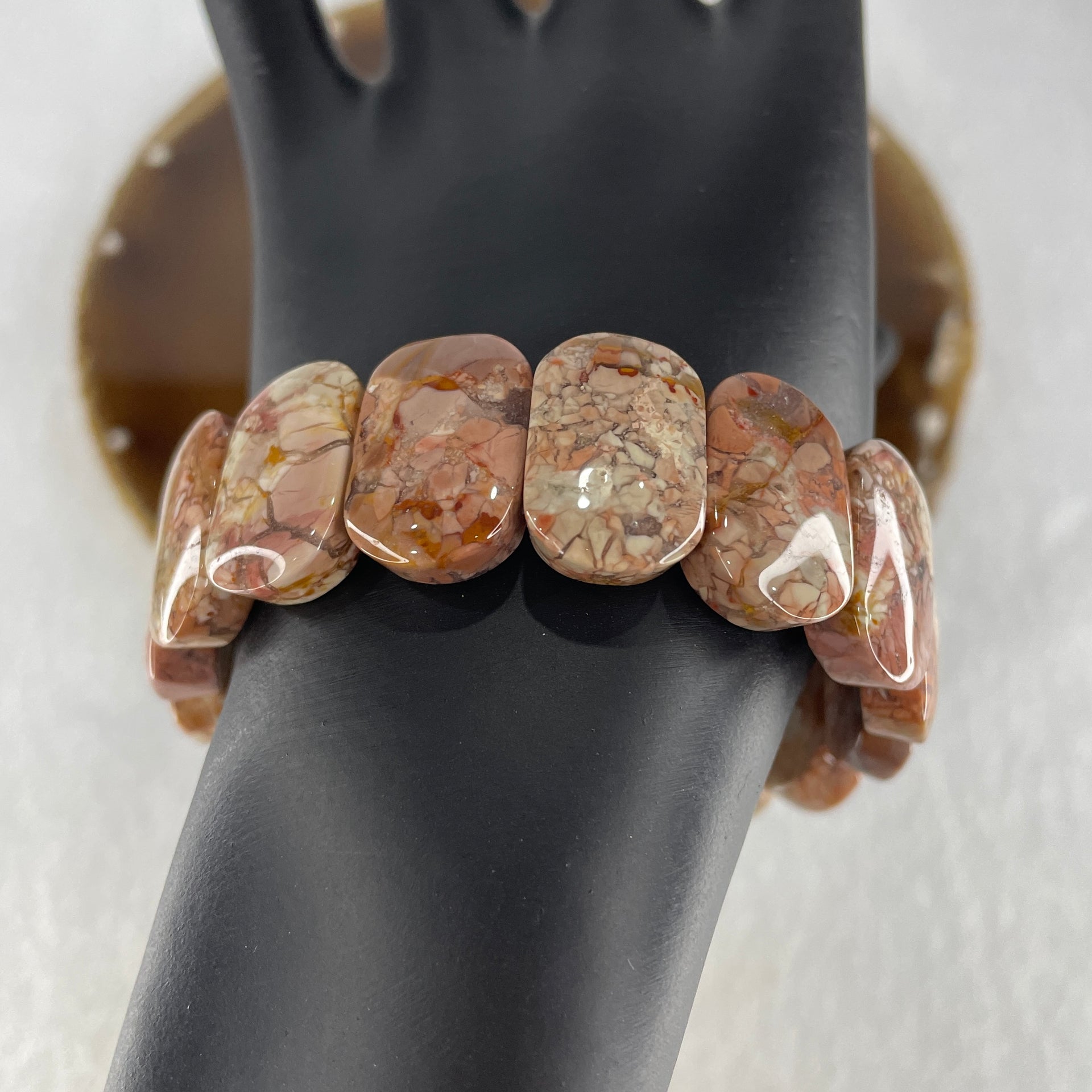 Certified Natural Alashan Agate Pink Shou Pai Bracelet 53.325g 17.5cm 20.3mm 16pcs - Huangs Jadeite and Jewelry Pte Ltd