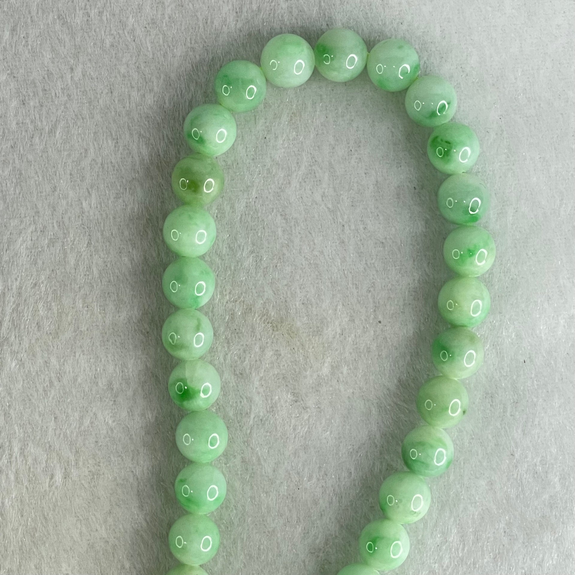 Good Grade Type A Apple Green with Emerald Green Piao Hua Jadeite Beads Necklace 55.48g 54cm 7.1 to 8.2mm 73 Beads - Huangs Jadeite and Jewelry Pte Ltd