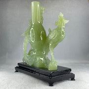Natural Green Serpentine Double Phoenix on Tree and Vase with Wooden Stand Display 1,377.4g 180.0 by 210.0 by 86.0mm - Huangs Jadeite and Jewelry Pte Ltd