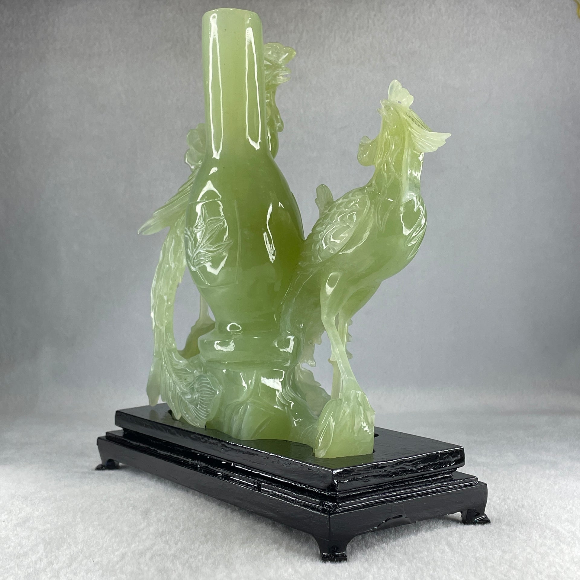 Natural Green Serpentine Double Phoenix on Tree and Vase with Wooden Stand Display 1,377.4g 180.0 by 210.0 by 86.0mm - Huangs Jadeite and Jewelry Pte Ltd