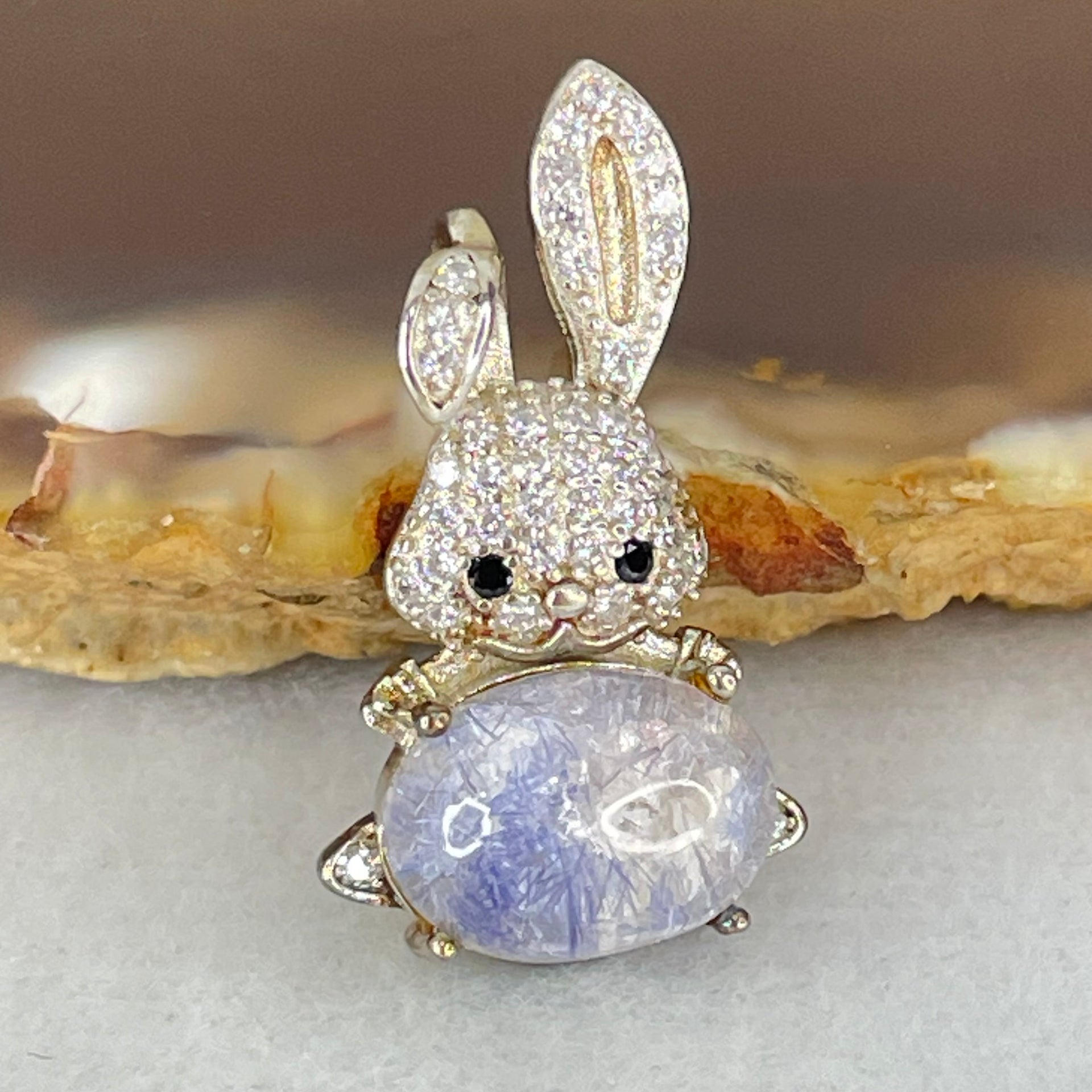 Rare Natural Blue Dumortierite Rutilated Quartz in S925 Sliver Rabbit Pendant 2.44g 10.0 by 7.3 by 5.0mm - Huangs Jadeite and Jewelry Pte Ltd