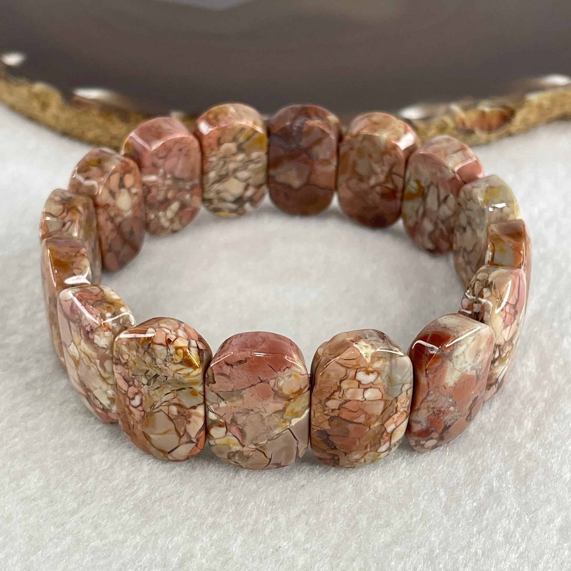 Certified Natural Alashan Agate Pink Shou Pai Bracelet 53.325g 17.5cm 20.3mm 16pcs - Huangs Jadeite and Jewelry Pte Ltd