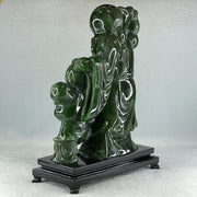 Natural Dark Green Serpentine Shou Xing Gong and Tong Zi and Longevity Peach with Wooden Stand Display 3,091.3g 193.0 by 95.0 by 257.0mm - Huangs Jadeite and Jewelry Pte Ltd