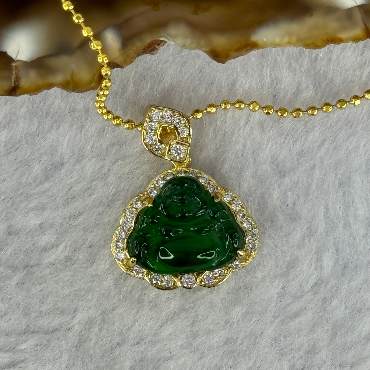 Type A Icy Green Omphasite Jadeite Milo Buddha 9.6 by 11.6 by 2.5mm Pendent in S925 Silver Gold Color Necklace 1.72g - Huangs Jadeite and Jewelry Pte Ltd