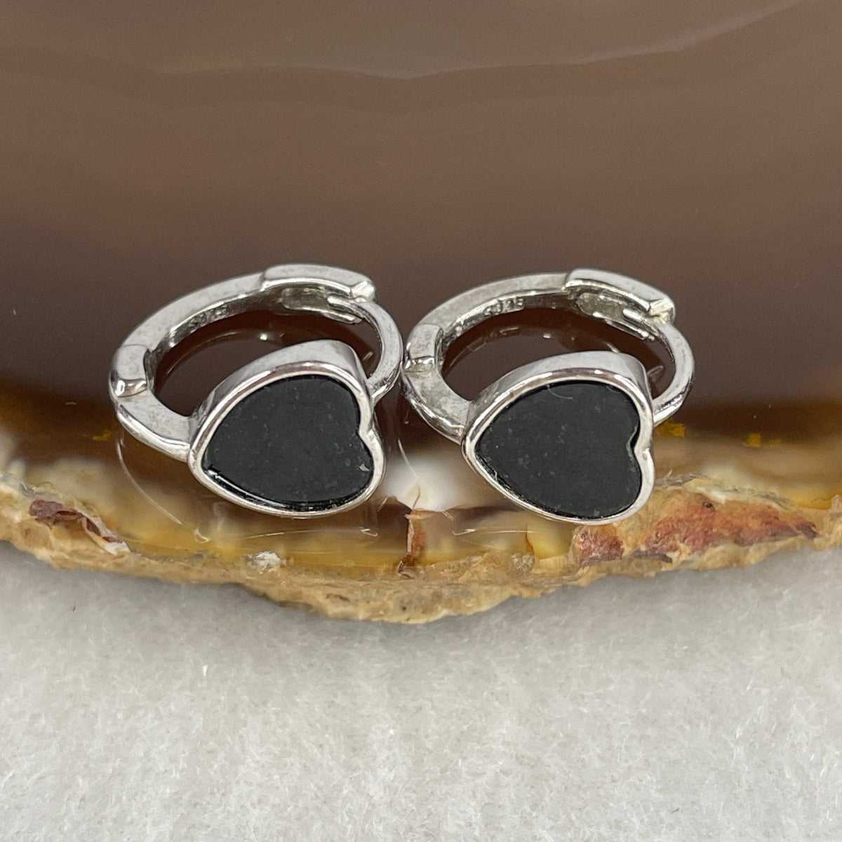 Certified Type A Black Omphacite Jadeite Heart Earrings in S925 Sterling Silver | Elegant Romantic Protection Studs (4.27g | 8.3 x 8.0 x 1.5mm)