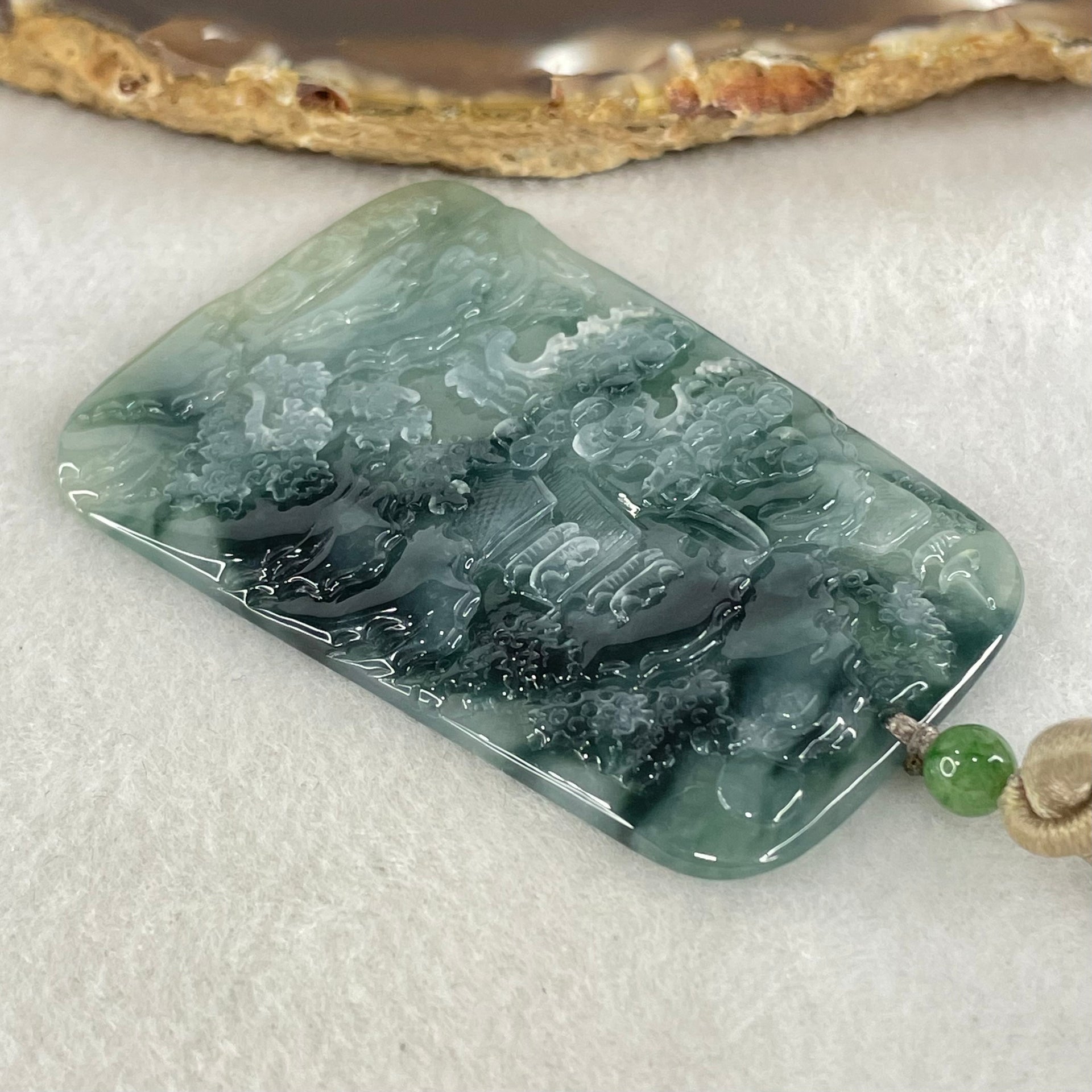 Type A Jelly Semi Icy Blueish Green Jadeite Shan Shui with Guiren Benefactor Pendant 34.79g 61.2 by 41.1 by 5.5mm - Huangs Jadeite and Jewelry Pte Ltd