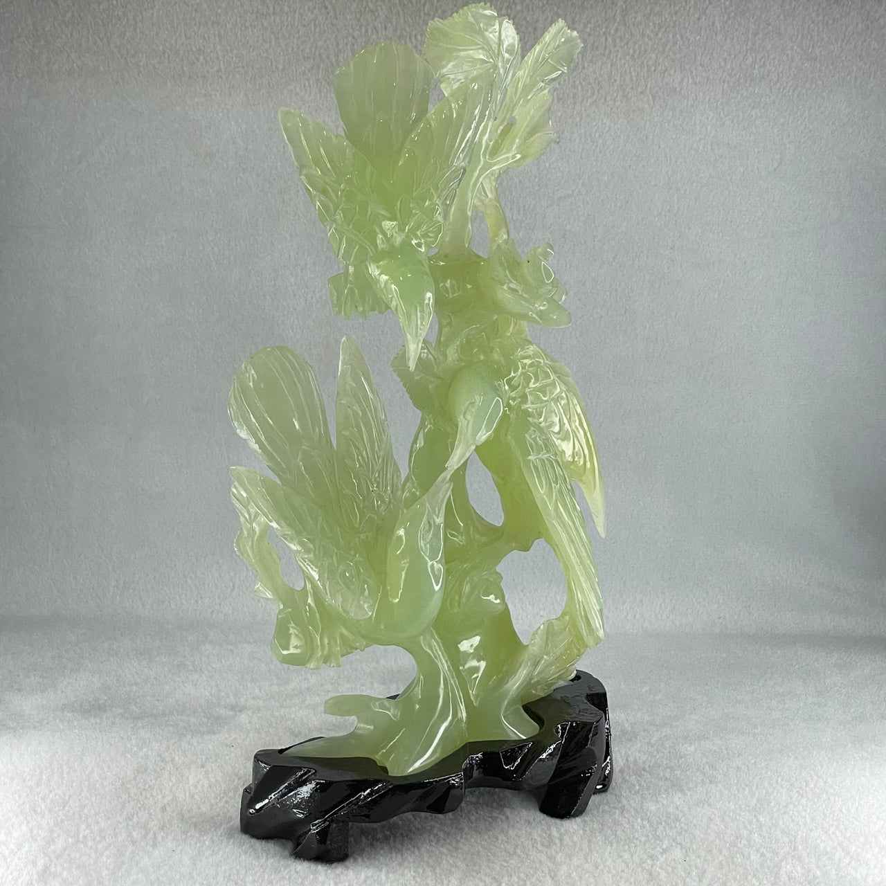 Natural Green Serpentine 3 Magpie Birds on Tree with Wooden Stand Display 939.0g 147.0 by 272.0 by 92.0mm - Huangs Jadeite and Jewelry Pte Ltd