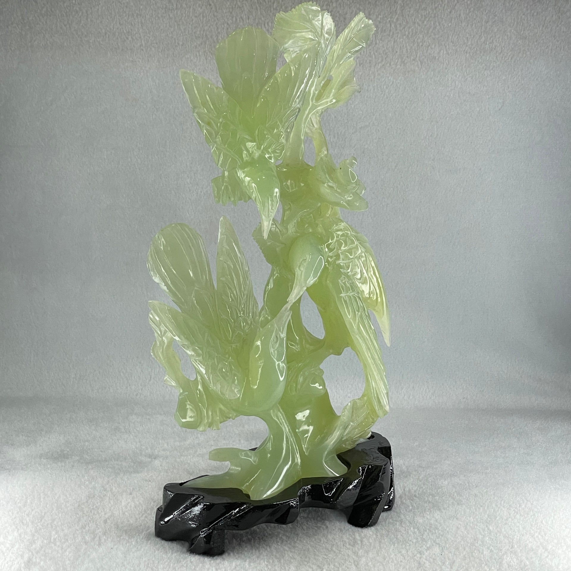 Natural Green Serpentine 3 Magpie Birds on Tree with Wooden Stand Display 939.0g 147.0 by 272.0 by 92.0mm - Huangs Jadeite and Jewelry Pte Ltd