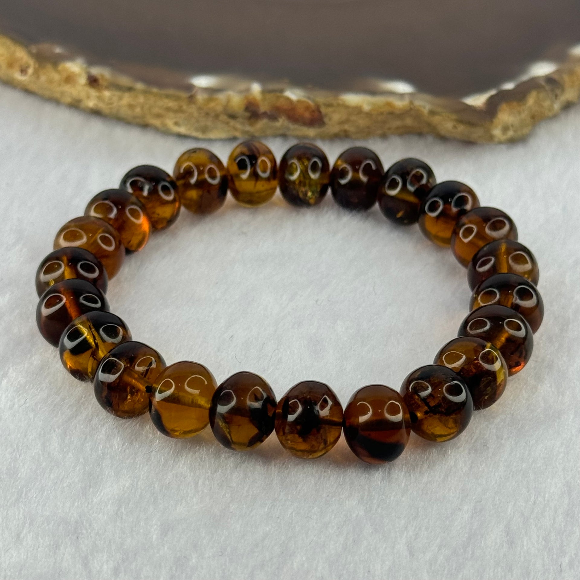 Natural Dark Brownish Yellow Flower Amber Beads Bracelet 天然顺琥珀手链 12.50g 17cm 10.7mm 23 Beads - Huangs Jadeite and Jewelry Pte Ltd
