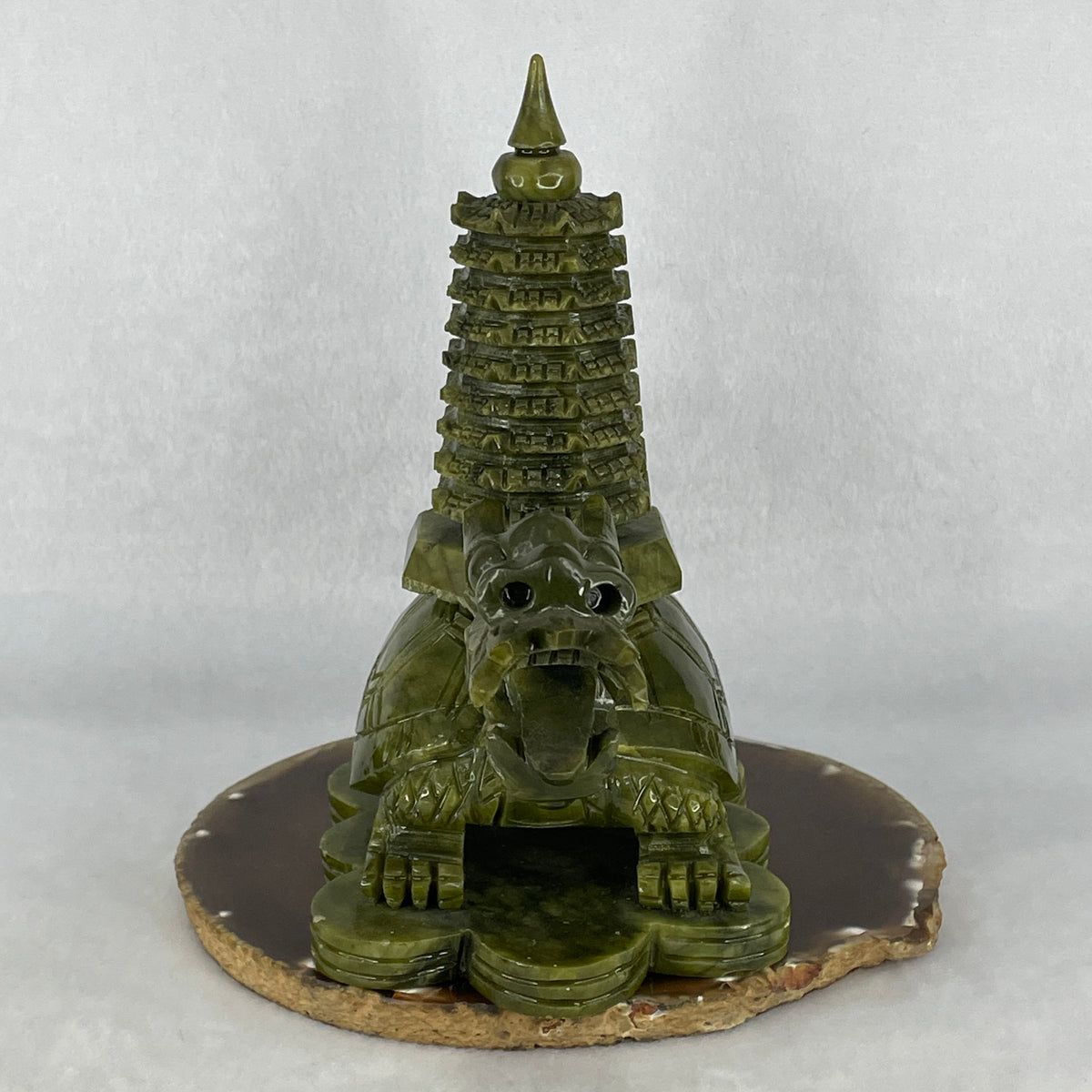 Natural Green Serpentine Pagoda on Dragon Turtle Carving Display | Certified Untreated Carved Gemstone Sculpture (1,225.2g | 180.0 x 92.0 x 175.0mm)