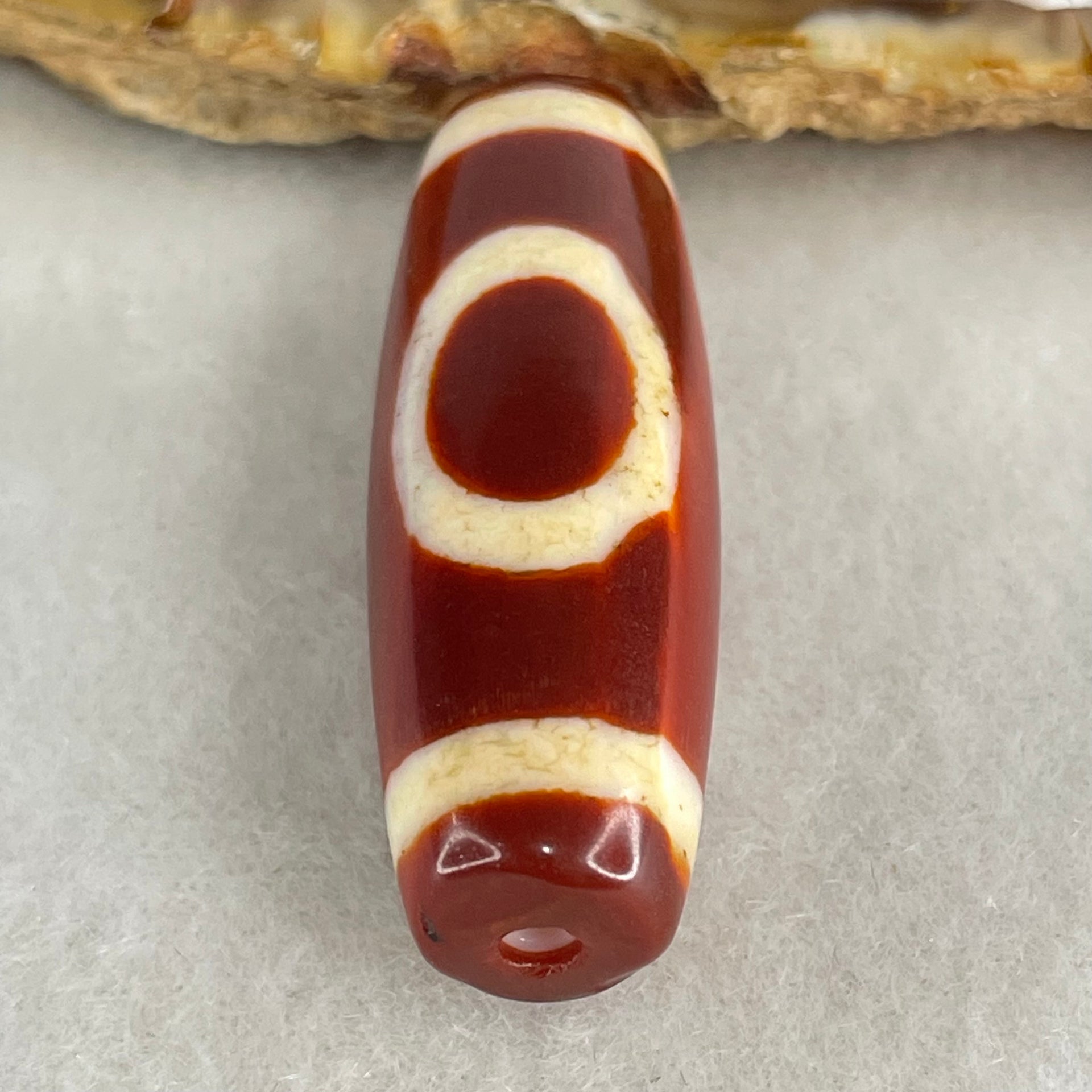 Natural Powerful Tibetan Old Oily Red White Agate One Eye Wood Element Dzi Bead Heavenly Master (Tian Zhu) 一眼木元素天珠 9.65g 37.5 by 12.9mm - Huangs Jadeite and Jewelry Pte Ltd