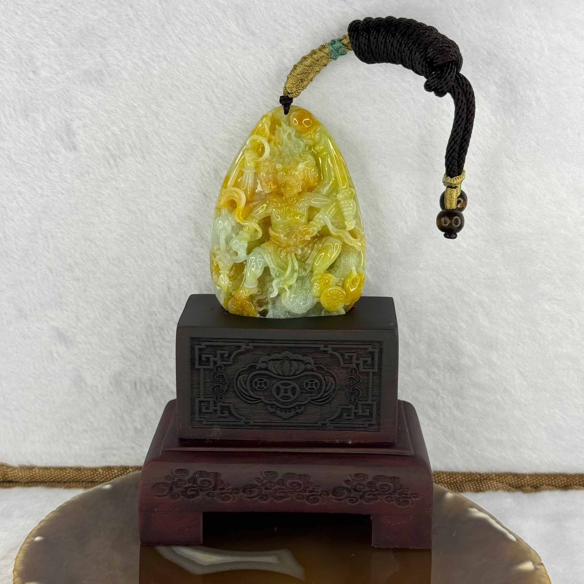 Rare Grand Master Type A 4 Colours Yellow Lavender Green Red Jadeite Neza on Dragon A货大师四彩翡翠哪咋三太子牌 70.66g 71.8 by 48.6 by 11.8mm with Wooden Stand - Huangs Jadeite and Jewelry Pte Ltd