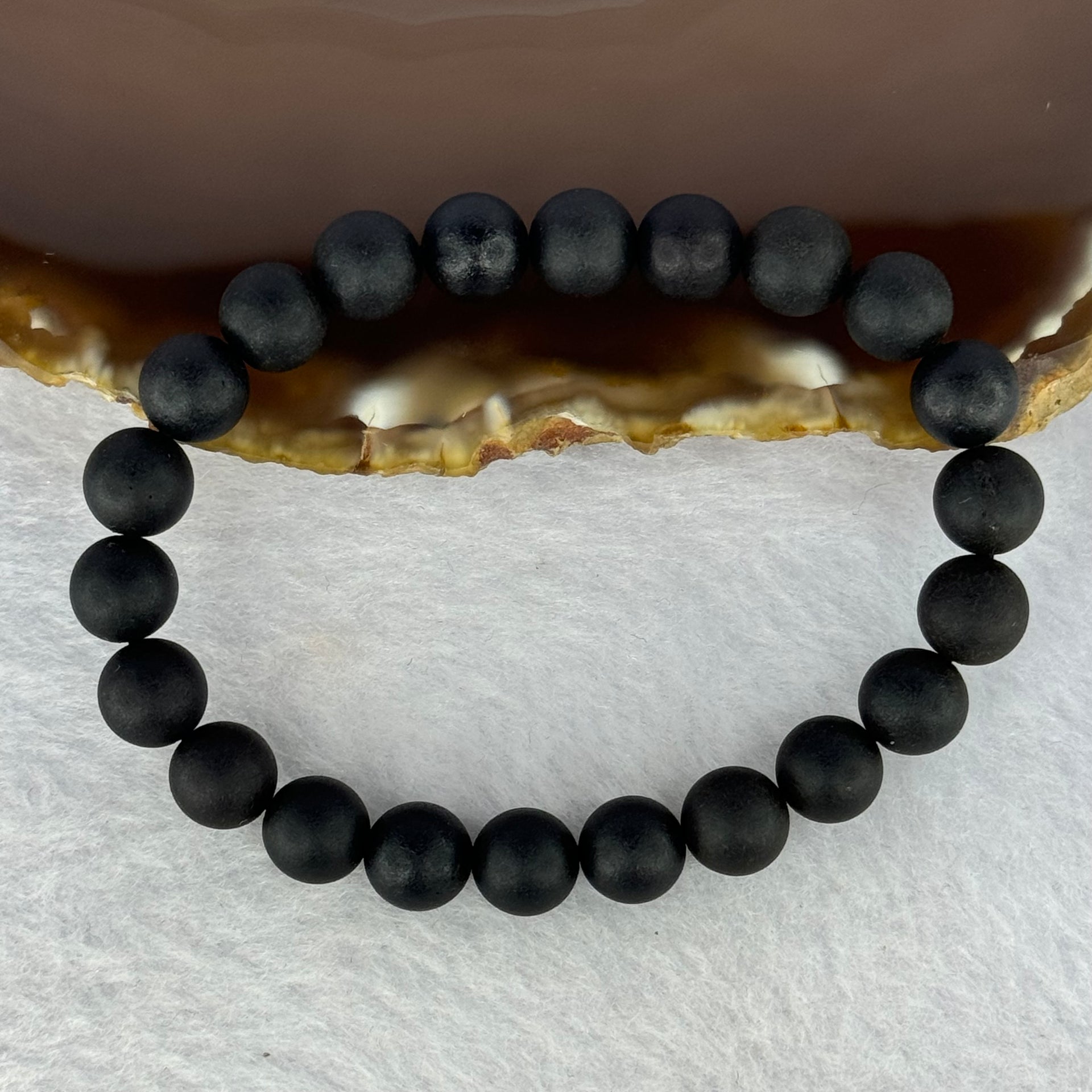 Natural Dark Matt Black Amber Beads Bracelet 天然大黑天翁琥珀手链 6.31g 14.5cm 8.2mm 22 Beads - Huangs Jadeite and Jewelry Pte Ltd