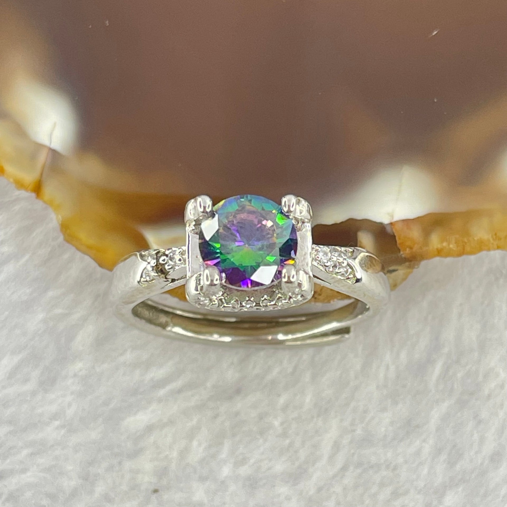 Purple Green Cubic Zirconia 6.4 by 3.8mm with Crystals In S925 Sliver Ring (Adjustable Size) 2.73g - Huangs Jadeite and Jewelry Pte Ltd