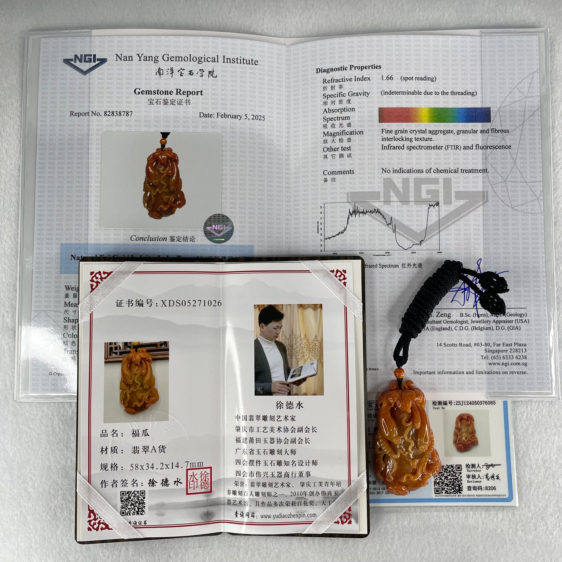 Grandmaster Type A Brownish Orange to Brownish Red Jadeite Melon and Ruyi 福瓜 Pendant 45.95g 58.05 by 34.38 by 15.00mm With NGI Cert 82838787 - Huangs Jadeite and Jewelry Pte Ltd
