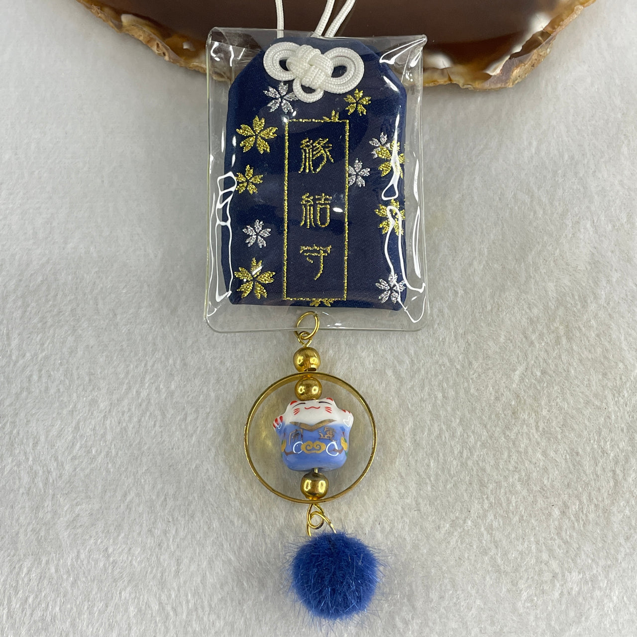 Porcelain Blue Fortune Cat Charm 13.62g 15.0 by 17.0 by 14.2mm - Huangs Jadeite and Jewelry Pte Ltd