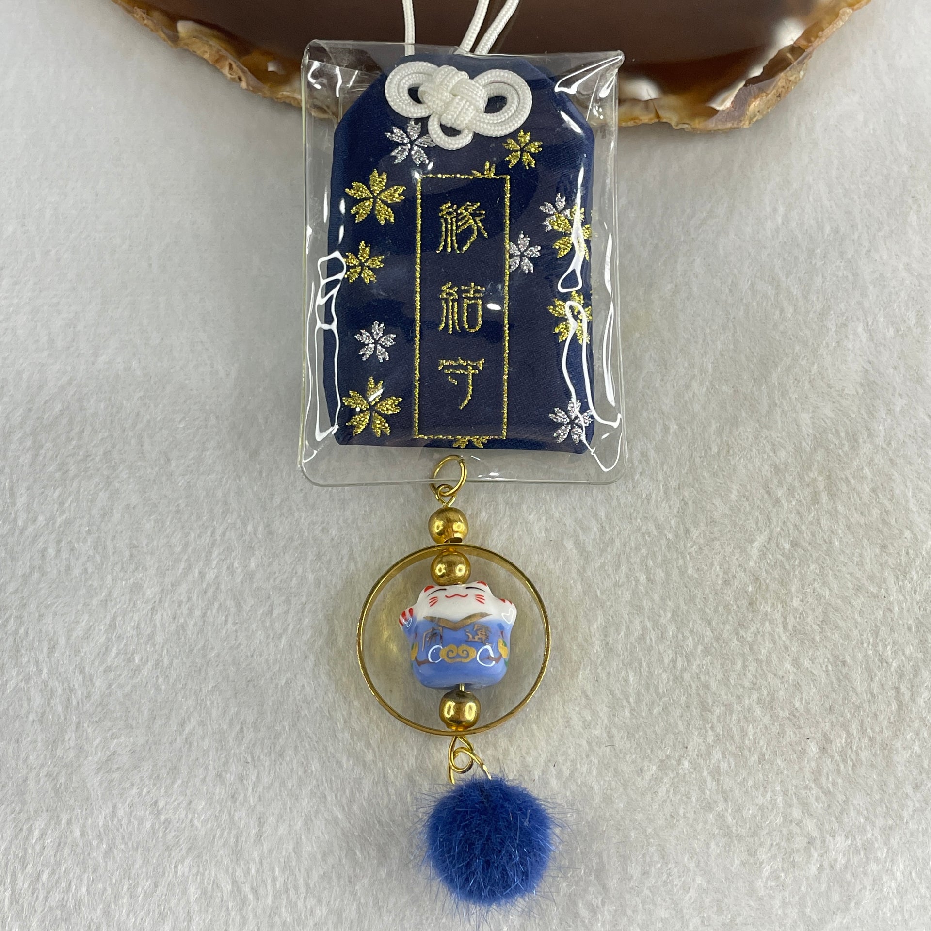 Porcelain Blue Fortune Cat Charm 13.62g 15.0 by 17.0 by 14.2mm - Huangs Jadeite and Jewelry Pte Ltd