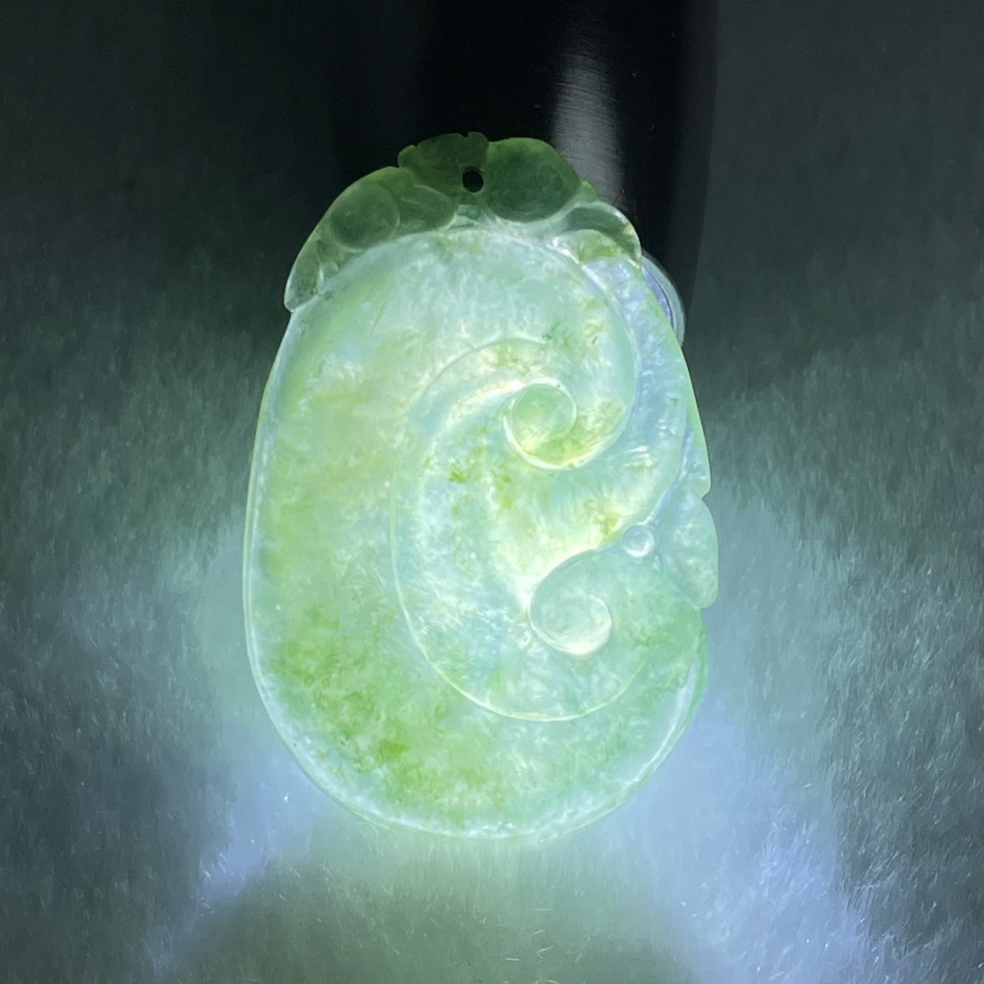 Type A Icy Blueish Green with Dark Green and Yellow Patches Jadeite Ruyi Pendant 8.36g 38.8 by 25.9 by 4.6mm - Huangs Jadeite and Jewelry Pte Ltd